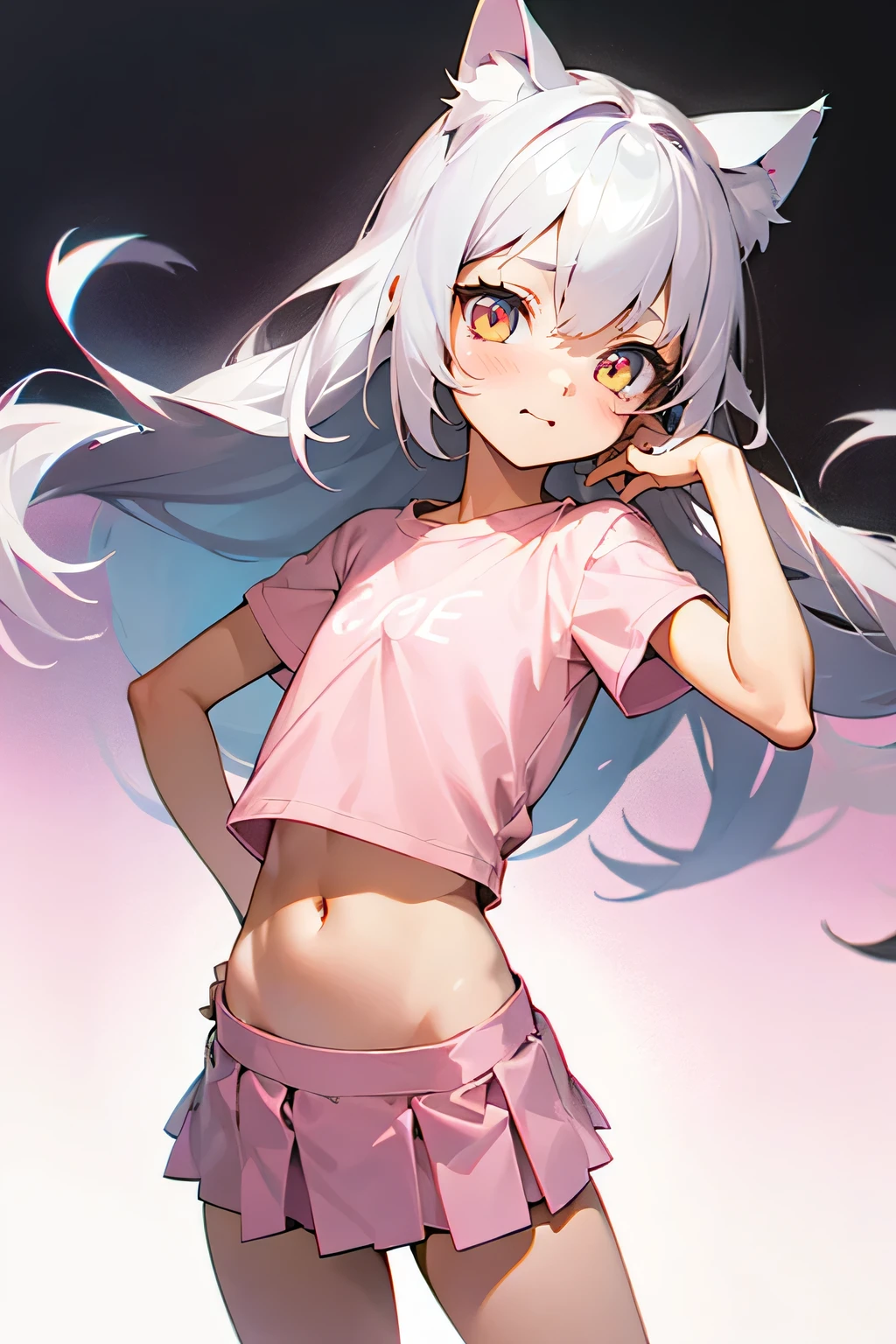 1girl, silver hair, golden eyes with pupils, ((skinny)), ((ite)), short, small, ((neko)), (cropped solid pastel pink tshirt), long hair, short skirt, (((kid, cat ears, happy, blush, flat chest, midriff, at school, tummy