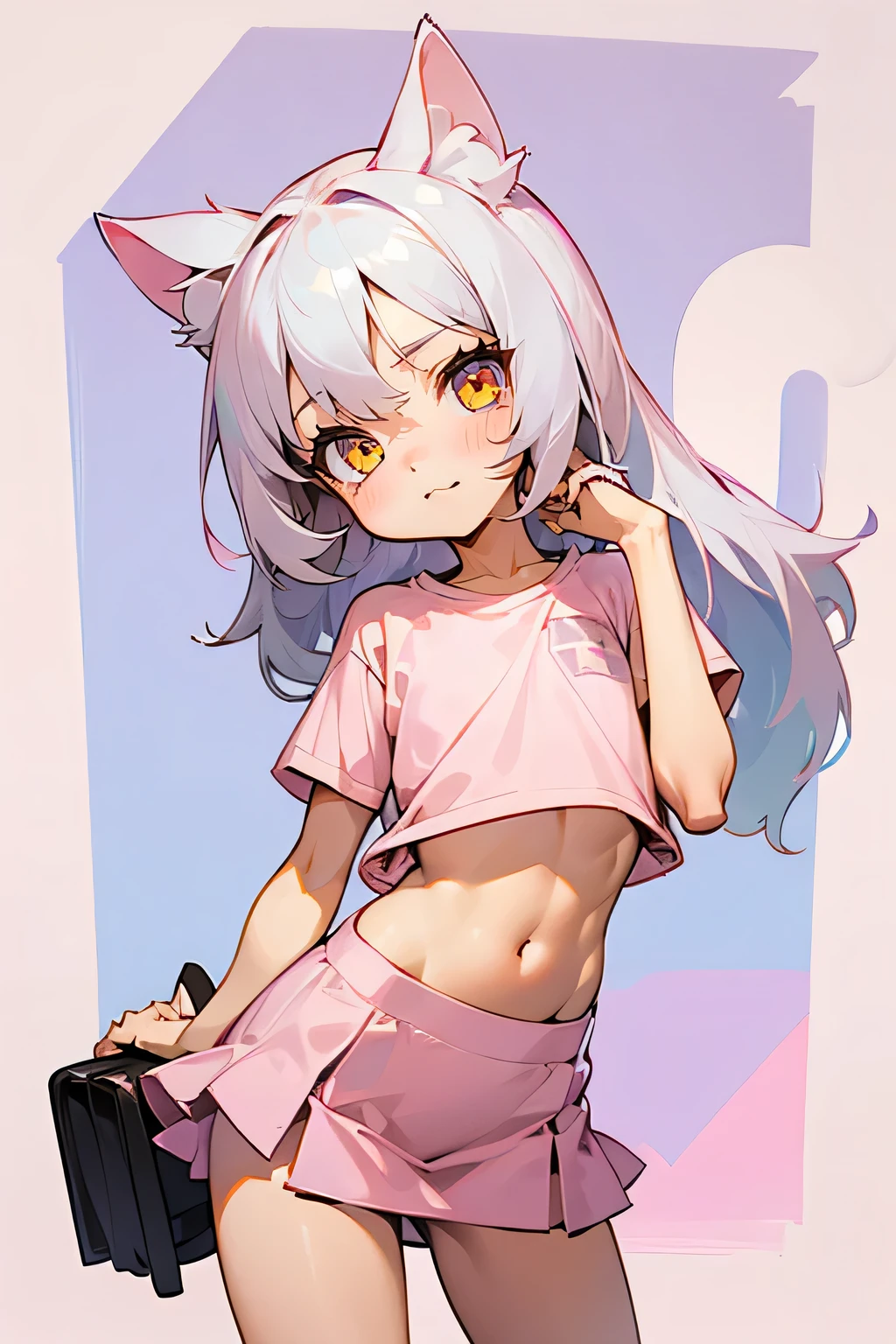 1girl, silver hair, golden eyes with pupils, ((skinny)), ((petite)), short, small, ((neko)), (cropped solid pastel pink tshirt), long hair, short skirt, ((())), cat ears, happy, blush, flat chest, midriff, at school, tummy