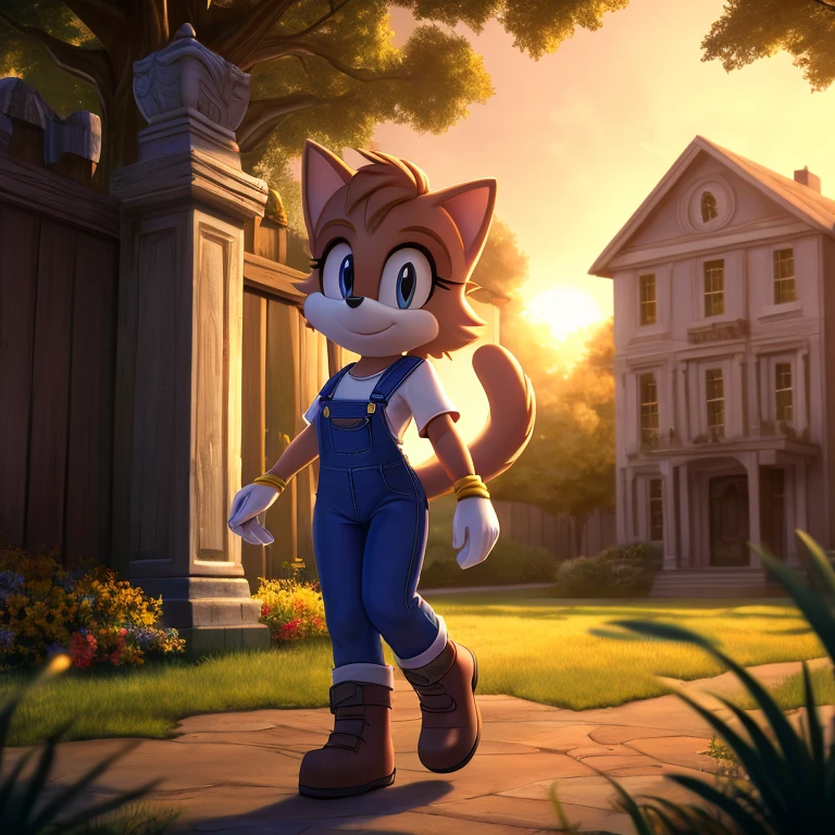Mobian, 1girl, female, mobian cat, feline, solo, alone, shirt, overalls, four fingered glove, brown boots, small hands, fit, noon, sunny, cartoon style, detailed background, garden, masterpiece, high quality, studio quality, intricate details, 4k, best quality, ultra-detailed, cinematic lighting, beautiful lighting, hi res, detailed, detailed background, vibrant lighting