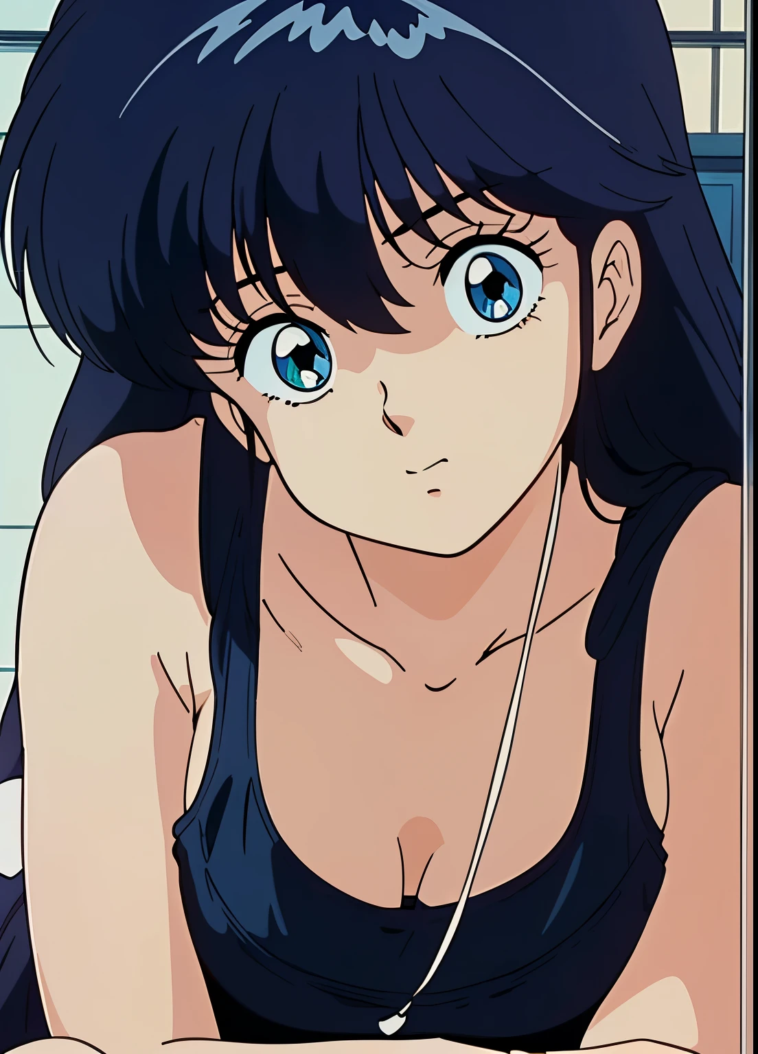 high quality, masterpiece, best quality, anime screen cap, 1girl, dark blue hair, white sleeveless shirt, shorts, ((Perfect Anatomy, beautifull detailed face, Beautiful detailed eyes, beautiful detailed hair, Beautiful detailed body)), thick outline, Beautiful outlines, black outlines
