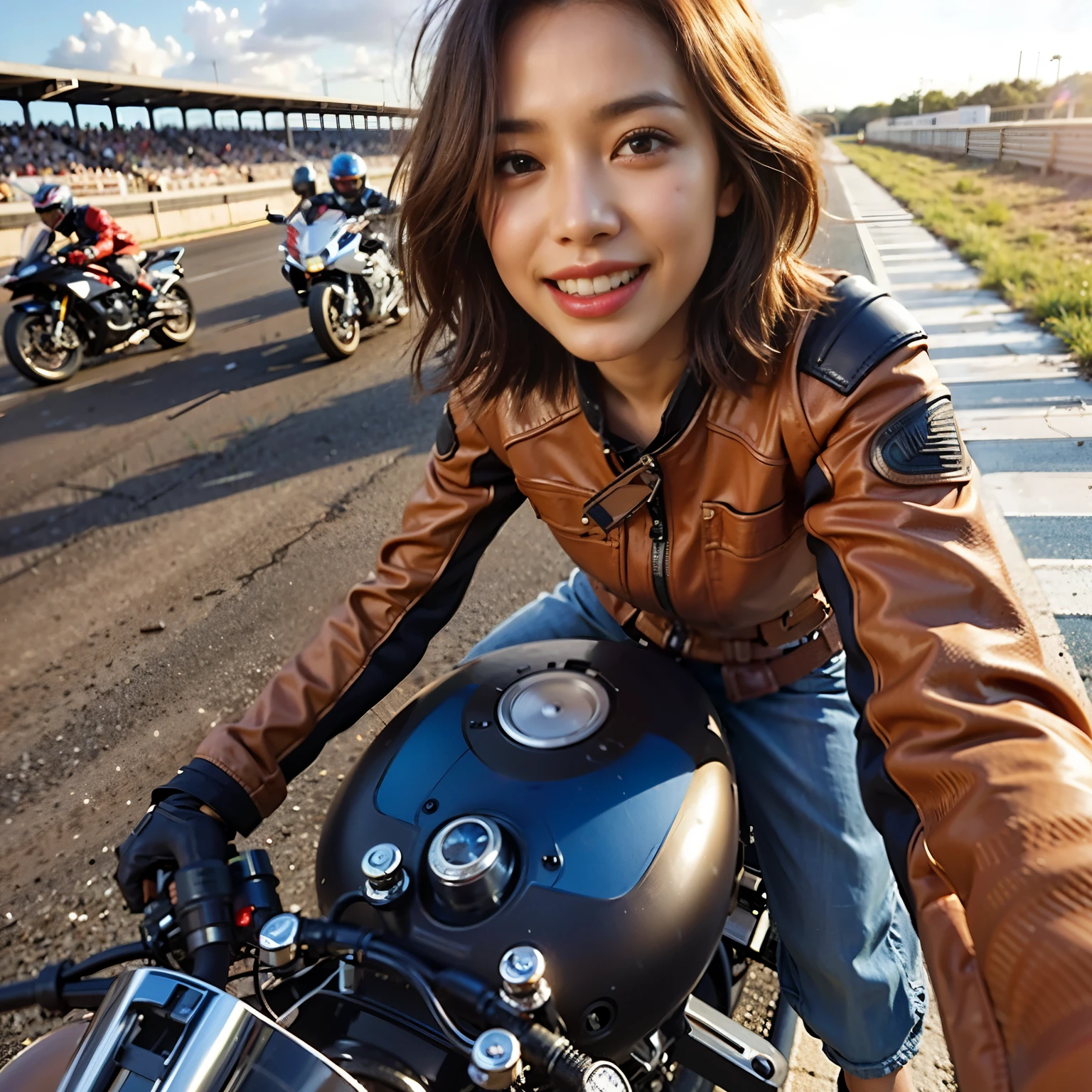 highest quality,masterpiece,Ultra-high resolution,(Photorealistic:1.4),(One girl),1 female,20 years,(Riding a motorcycle),(Riders),smile,(Brown short hair), roar, Outdoor,(orbit),Pit Road,(Racing Motorbike)、Shooting from 3m、Wide-angle shooting
