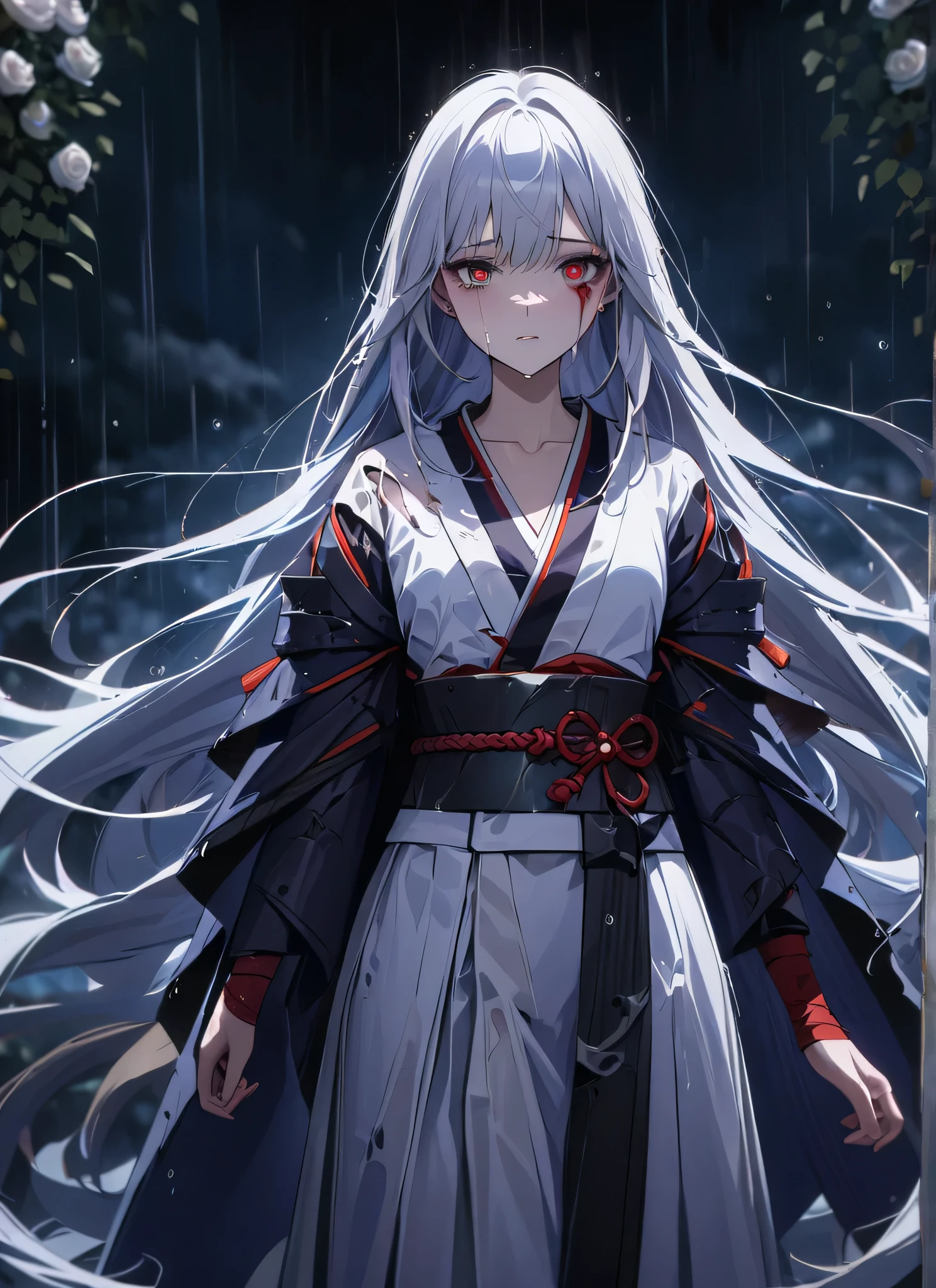 (best quality,4k,highres,masterpiece:1.2),ultra-detailed,
illustration,dark color tone,dramatic lighting,haunting ambiance",
"gorgeous girl,wearing a damaged kimono samurai suit with missing parts,ripped clothes,crying and heartbroken expression,tears and blood stains on her face and clothes,sad eyes with long eyelashes,perfect make up and sharp eyes,white ultra-long hair flowing in the rain,standing in a dark garden surrounded by white roses,ultra detailed face with intricate emotions,full body shot in a dramatic and moody atmosphere".