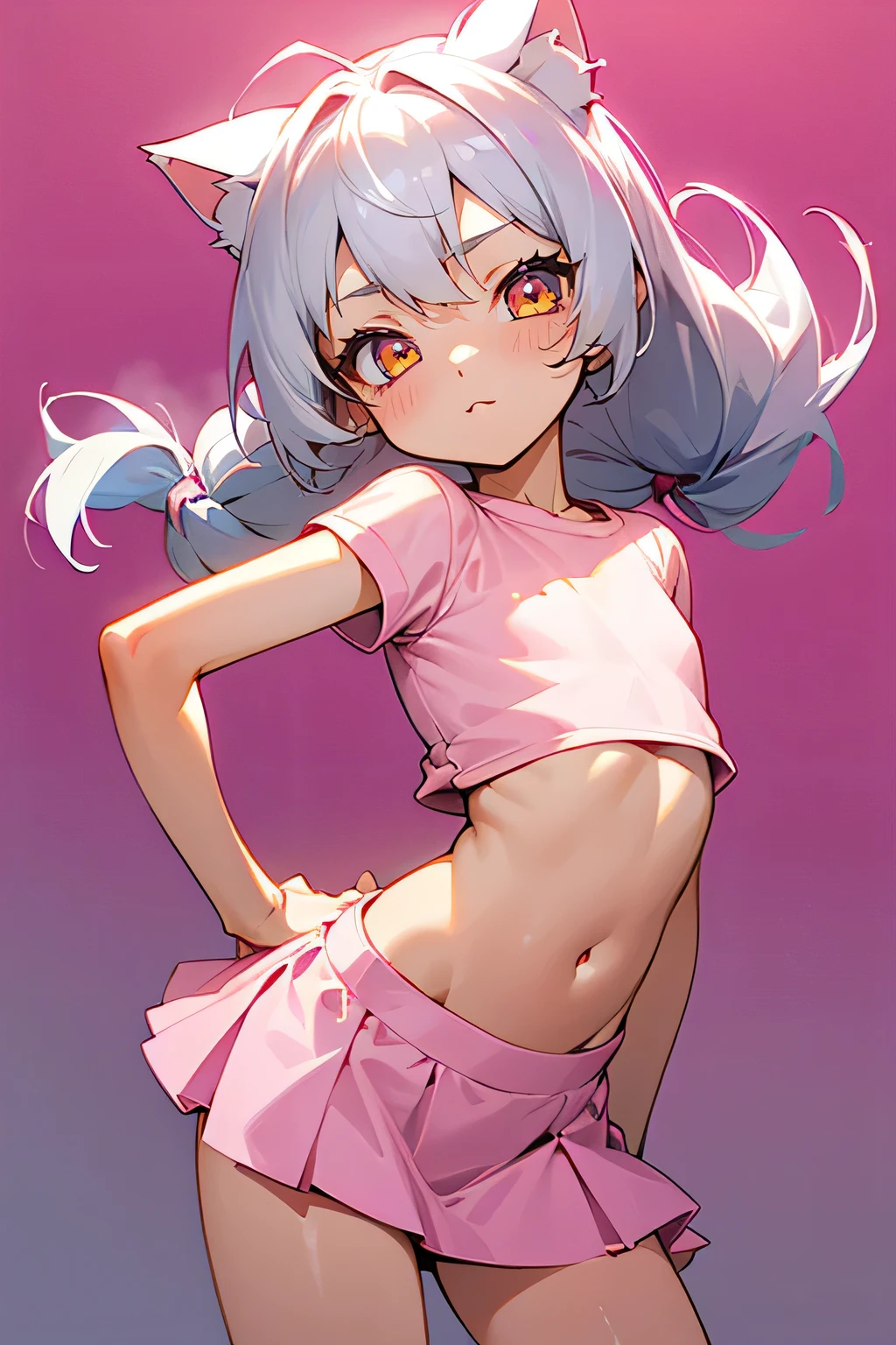 1girl, silver hair, golden eyes with pupils, ((skinny)), ((petite)), short, small, ((neko)), (cropped solid pastel pink tshirt), long hair, short skirt, (((kid))), cat ears, happy, blush, flat chest, midriff, at school, tummy