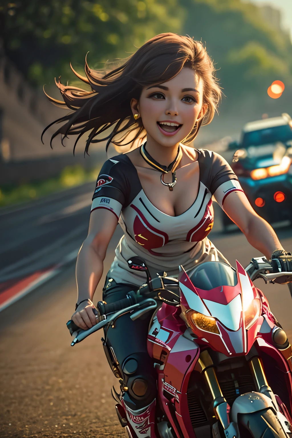 highest quality,masterpiece,Ultra-high resolution,(Photorealistic:1.4),(One girl),1 female,20 years,(Riding a motorcycle),(Riders),smile,(Brown short hair),  roar, Outdoor,(orbit),Pit Road,(Racing Motorbike)、Shooting from 3m、Wide-angle shooting