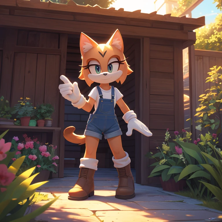 Mobian, 1girl, female, mobian cat, feline, solo, alone, shirt, overalls, four fingered glove, brown boots, small hands, fit, noon, sunny, cartoon style, detailed background, garden, masterpiece, high quality, studio quality, intricate details, 4k, best quality, ultra-detailed, cinematic lighting, beautiful lighting, hi res, detailed, detailed background, vibrant lighting