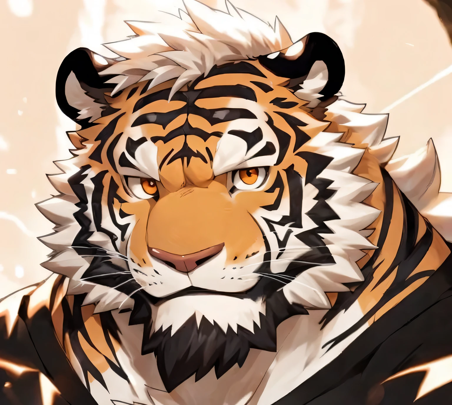 Humanity, Kanno, male, alone, ((round face, Very plump face,orange eyes,thick beard)), ((endomorph body type, Handsome)), (Modern shirt), ((domestic Tiger, Tiger) fluffy fur, fluffy), (by the river), Bokeh, (high quality, high resolution, masterpiece), (dynamic lighting, Bright colors), (Generous smile), (Face focus), Front view (close up), cartoon, author:Arashi Takemoto, by zixiong, Through Chun Ni, by empty ghost