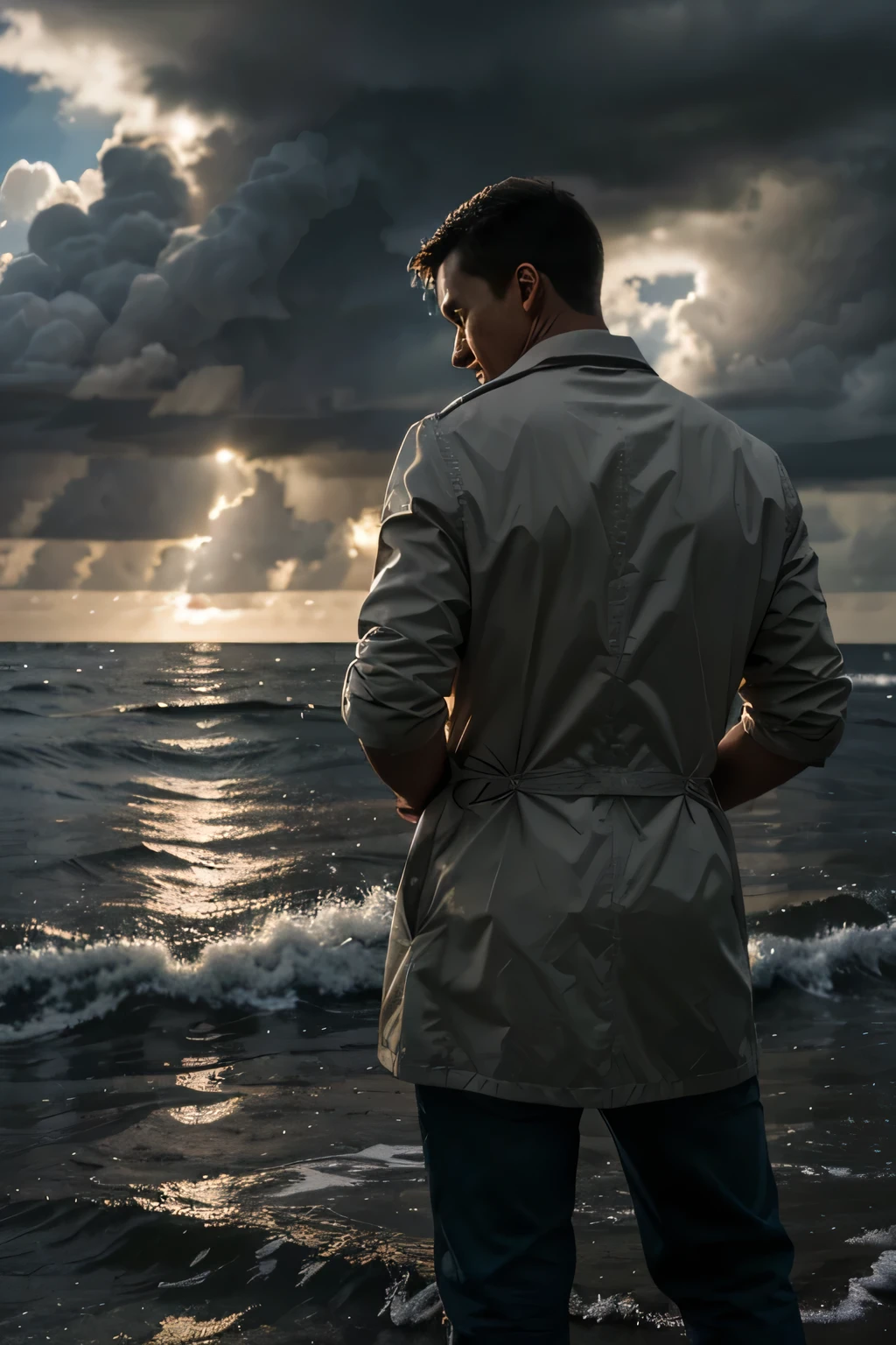 Illustrate a person standing with his hands on back, confidently amidst a swirling storm of challenges, their gaze fixed forward with determination. In the background, depict rays of sunlight breaking through the clouds, symbolizing hope and resilience.