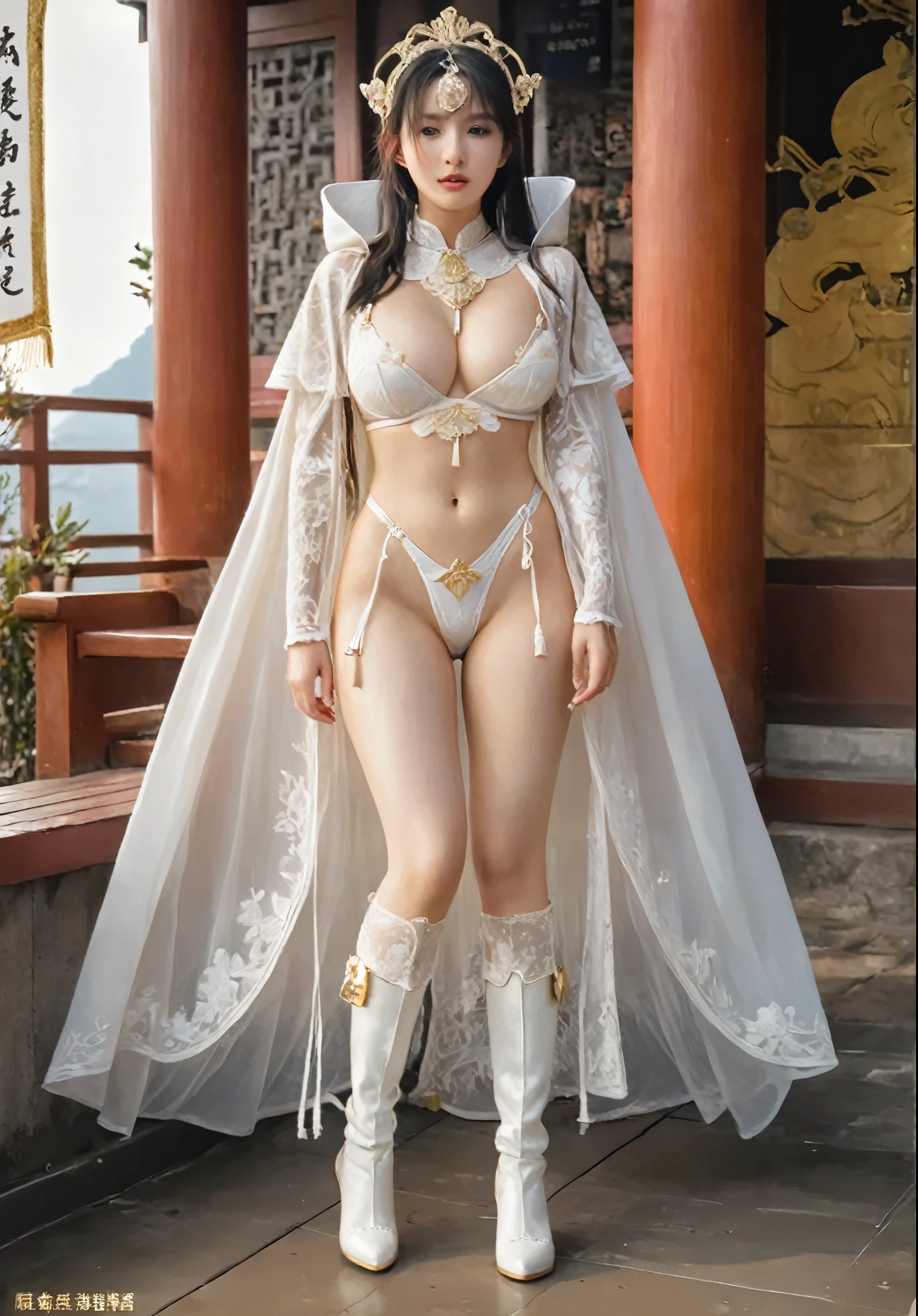 Succubus Dress Up, Revealing sexy golden white bikini underwear，Lace lingerie, Lace panties, long legged girl, Put on white boots, ,full body xianxia, Huge breasts，Put on your hat，fantasy服装, Put on a cape, Black cape, Lace cape，穿着fantasy服装, holding handbag, Real 8000g，Impeccable，masterpiece，Professional artwork，masterpiece，Light，Movie Bloom，Perfect face，Pretty Face，fantasy，Dreamy and magical，not real，Intricate details，beautiful pattern