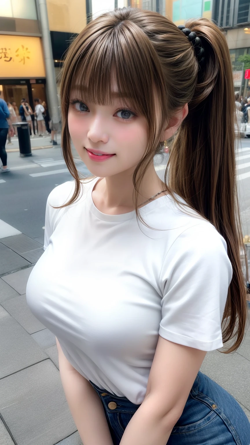 Tabletop、Large Breasts、 Large Breastsの谷間, Natural Lip、Fair skin、Great light、Beautiful lighting、((Straight Hair、ponytail))、Brown Hair、Blunt bangs、Tight clothing、White designer T-shirt、Denim shorts、Gorgeous Accessories、Shibuya、Harajuku、smile、かわいいsmile、Crowds in the city