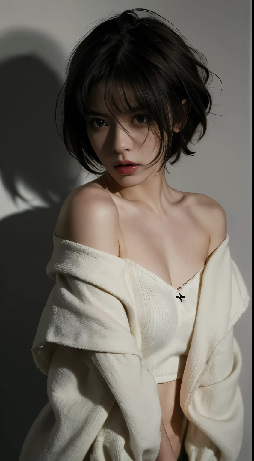 Best quality, masterpiece, ultra high res, (photorealistic:1.5), raw photo, 1girl, offshoulder, in the dark, deep shadow, low key, cold light, sexy look, short hair, underwear