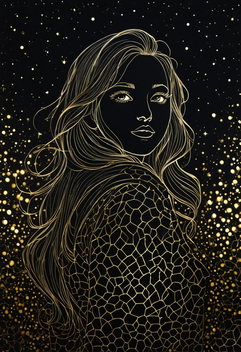 black pencil shading, charcoal drawing, tinted paper, pencil drawing, brutal dark b/w color scheme, golden patterns,
Poster, close up, full length, shadow art. 1girl, realistic, glowing frame, backlight colors, silhouette colors, space frame, beautiful woman in frame, silhouette, backlight, bright, magical night sky, illustration, soft, beautiful, dreamy, realistic, professional, simple, shimmering night sky, extremely detailed, super detailed, illustration, half finished sketch, half color sketch, anime, masterpiece, bright colors, high contrast, bright lighting, dark simple background,