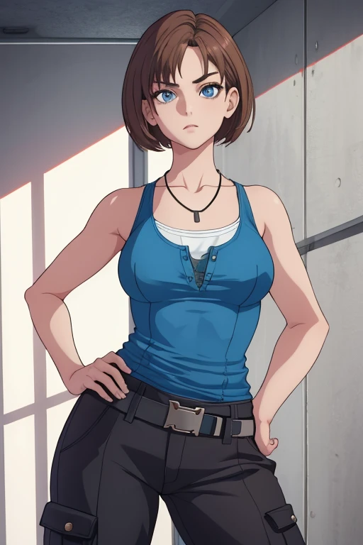 masterpiece, best quality, 1girl, solo, standing, jillre3new, necklace, tank top, pants, belt, looking at viewer, hands on hips