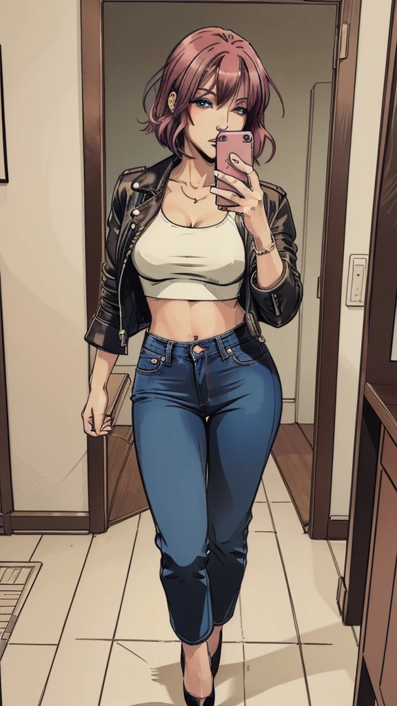 vector image, 2d cartoon,masterpiece, An anime woman, blush,colored hair, provocative makeup,tight bootcut jeans, heels, sexy pose:1.1, leather dark jacket, crop-top, taking slutly selfie:1.3, in restroom,
