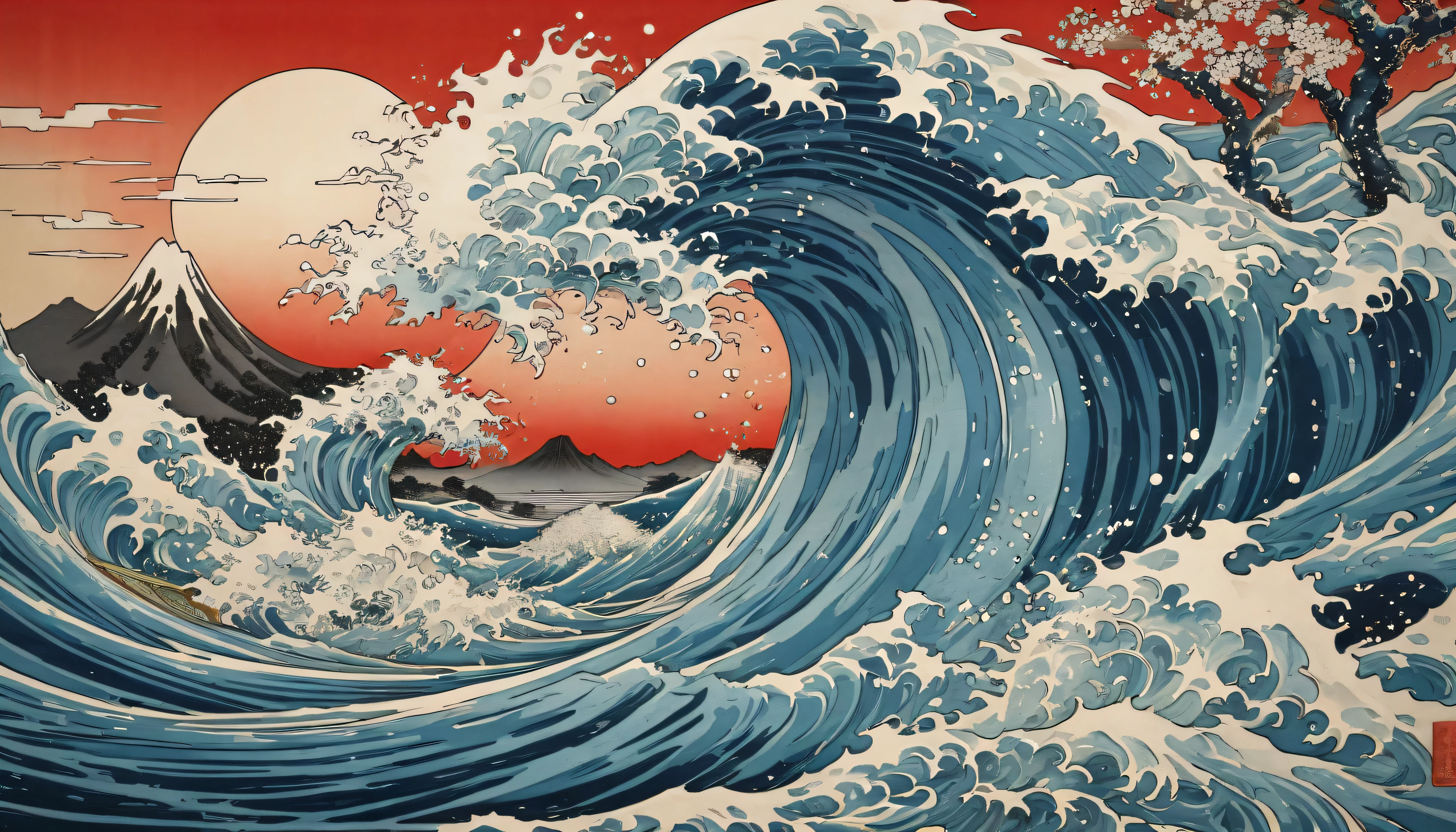 silver dragon waves, arte en relieve, Ukiyo-e, colores brillantes, wood block printing, detalles intrincados, traditional Japanese, peaceful landscape, salpicadura de agua