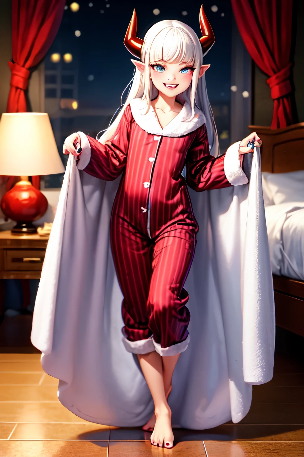 Three irregularly shaped devil horns, Long snow-white hair, Floor length hair, M-shaped bangs, Scarlet eye color, Diamond-shaped pupil, figure, Petite and cute, Serrated teeth, A wicked smile, Boring, Black nail polish, barefoot, Loose 2D cultural pajamas,Red and black stripes, Bedroom scene