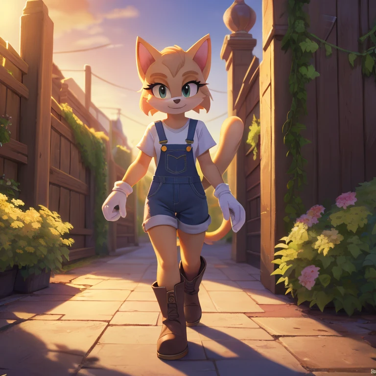 Mobian, 1girl, female, mobian cat, feline, solo, alone, shirt, overalls, four fingered glove, brown boots, small hands, fit, noon, sunny, cartoon style, detailed background, garden, masterpiece, high quality, studio quality, intricate details, 4k, best quality, ultra-detailed, cinematic lighting, beautiful lighting, hi res, detailed, detailed background, vibrant lighting