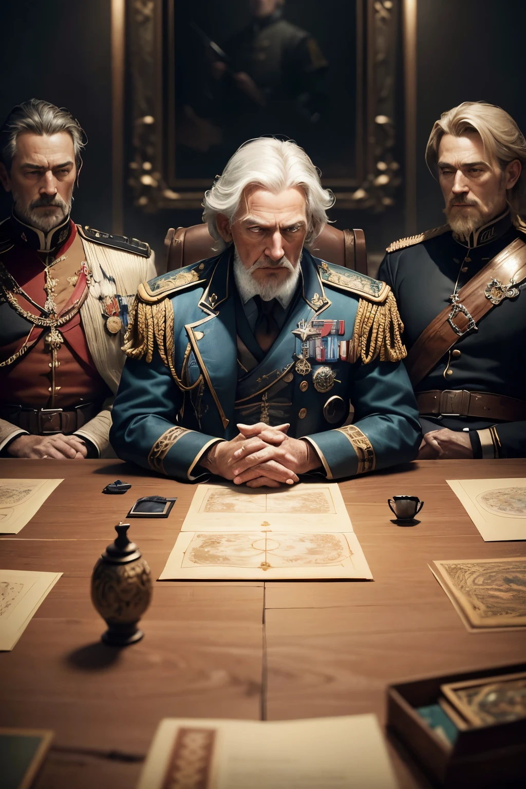 ((Best quality)), ((masterpiece)), ((realistic cartoon)) : Round table, 5 generals sitting around a table together, medieval military officers with intimidating faces, Military officer conference. The scene is set in a thematically rich environment. The lighting, crafted with a cinematic touch, emphasizing aura surrounding the genius happy discovery.
Every element of this masterpiece is carefully designed to create a sense of realism and immersion. The intricacies of the generals clothes, the mesmerizing effects of his wealth, and the level of detail in his happy face all contribute to a captivating visual experience. This artwork is presented in stunning UHD resolution, allowing you to appreciate every nuance and intricacy in breathtaking detail.
Far from above view, scenic, masterpiece,mtg art,magic the gathering art.