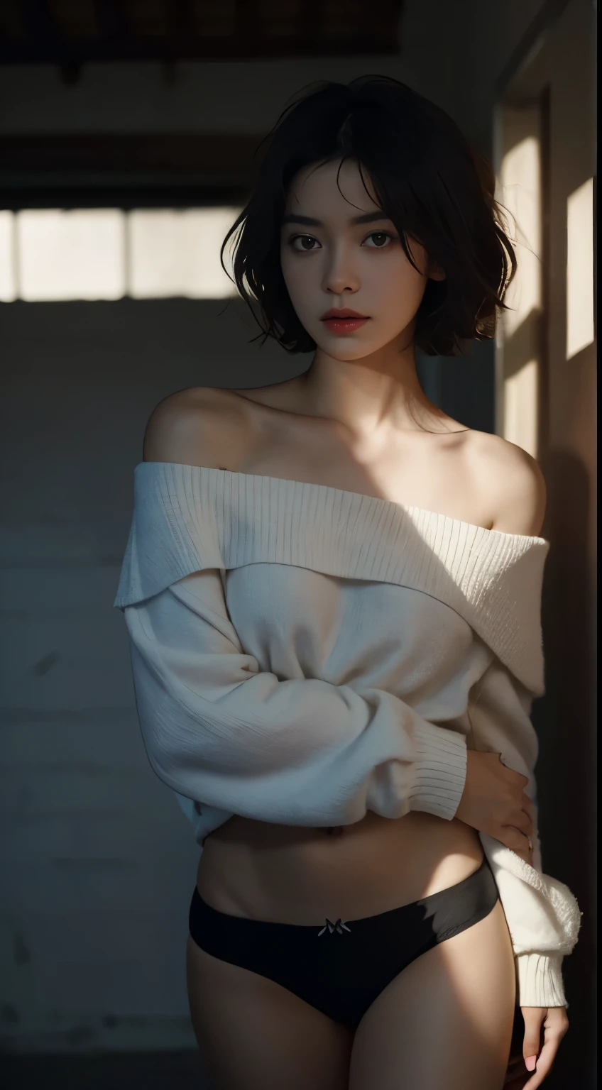 Best quality, masterpiece, ultra high res, (photorealistic:1.5), raw photo, 1girl, offshoulder, in the dark, deep shadow, low key, cold light, sexy look, short hair, underwear