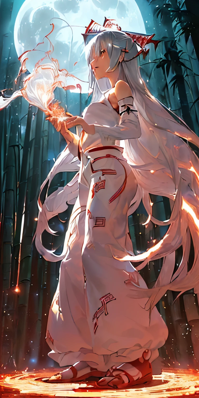 (masterpiece, best quality:1.3), (ultra detailed:1.3), (final fantasy artwork concept:1.5), (manga eyes + hair + clothes + body + face + colors + shoulders + eyes:1.3), (from below:1.3), Fujiwara no Mokou, Touhou Series, (anime, illustration:1.3), perfect face, expressive eyes, 1 girl, looking at viewer, 16 years old, beautiful, anime, lora, (silver hair, long hair, white shirt, red pants:1.3), (look evil:1.5), (fight stance:1.5), (cinematic lighting, realistic, dream-like, enchanting atmosphere:1.5), (an old japanese mansion with moonlight leaking, in bamboo forest, midnight, big full moon:1.3), (Mokou casting a spell, with hands glowing and ais-particlez emanating in a dazzling array of colors, enveloping the entire scene:1.5),