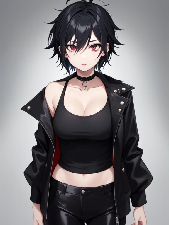 1girl, solo, mature female, (pale skin:0.9), red eyes, black hair, (wavy hair:0.1), messy hair, short hair, hair between eyes, mullet, wolfcut, pixie cut, goth, emo, punk, gothic, makeup, black lips, breasts, black biker jacket, black untucked shirts, black pants, choker, anime minimalist 