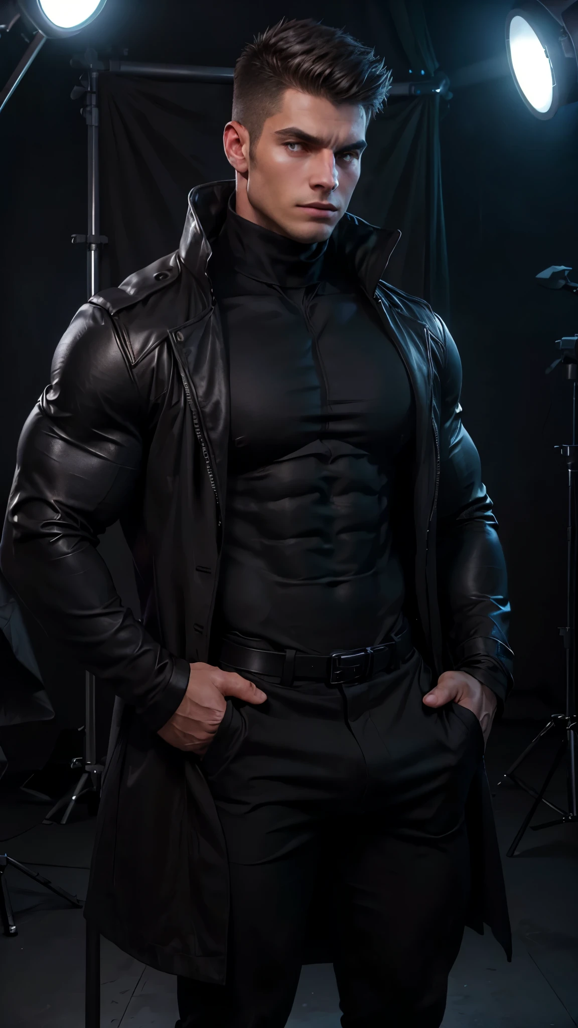A muscular man wears a black turtleneck shirt over a long black overcoat. , photo shoot studio
