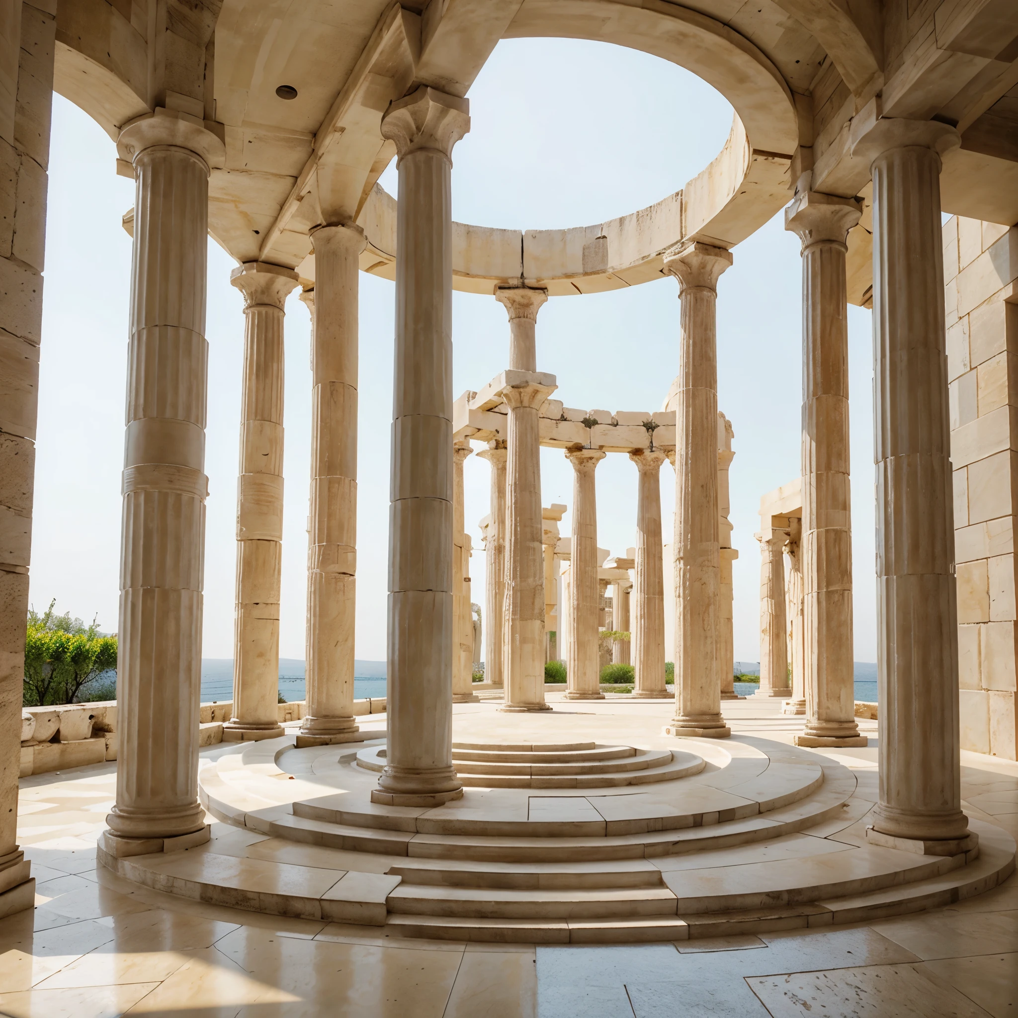 realistic building, dans le style de jean nouvel, with a low circular building with columns in the Greek style of which there is another high building in the center in the Greek style, le tout avec de la verdure 