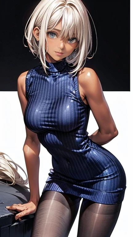 ((highest quality)), ((masterpiece)), (detailed), (Character Focus、breast focus), 4k, ((Symmetrical facial features)), Anime 2D Rendering, Realistic young anime woman,

One Girl: 1.5, 

((Symmetrical facial features)), (Beautiful fine details、Shining Eyes), Perfect Face, Beautiful clavicle, Beautiful fingers, Beautiful body, Beautiful thighs, Beautiful feet, Beautiful breasts, Perfect round butt, 
(Tanned dark skin:1.5), (Shiny skin:1.2), Slightly smaller chest, 20-year-old, 

Beautiful Hair, Hair fluttering, bangs, Blonde, (Very Short Hair), 

((Blue sleeveless high neck sweater dress:1.4)、Black Pantyhose、High heels)、Captivating smile、look back,sit 
