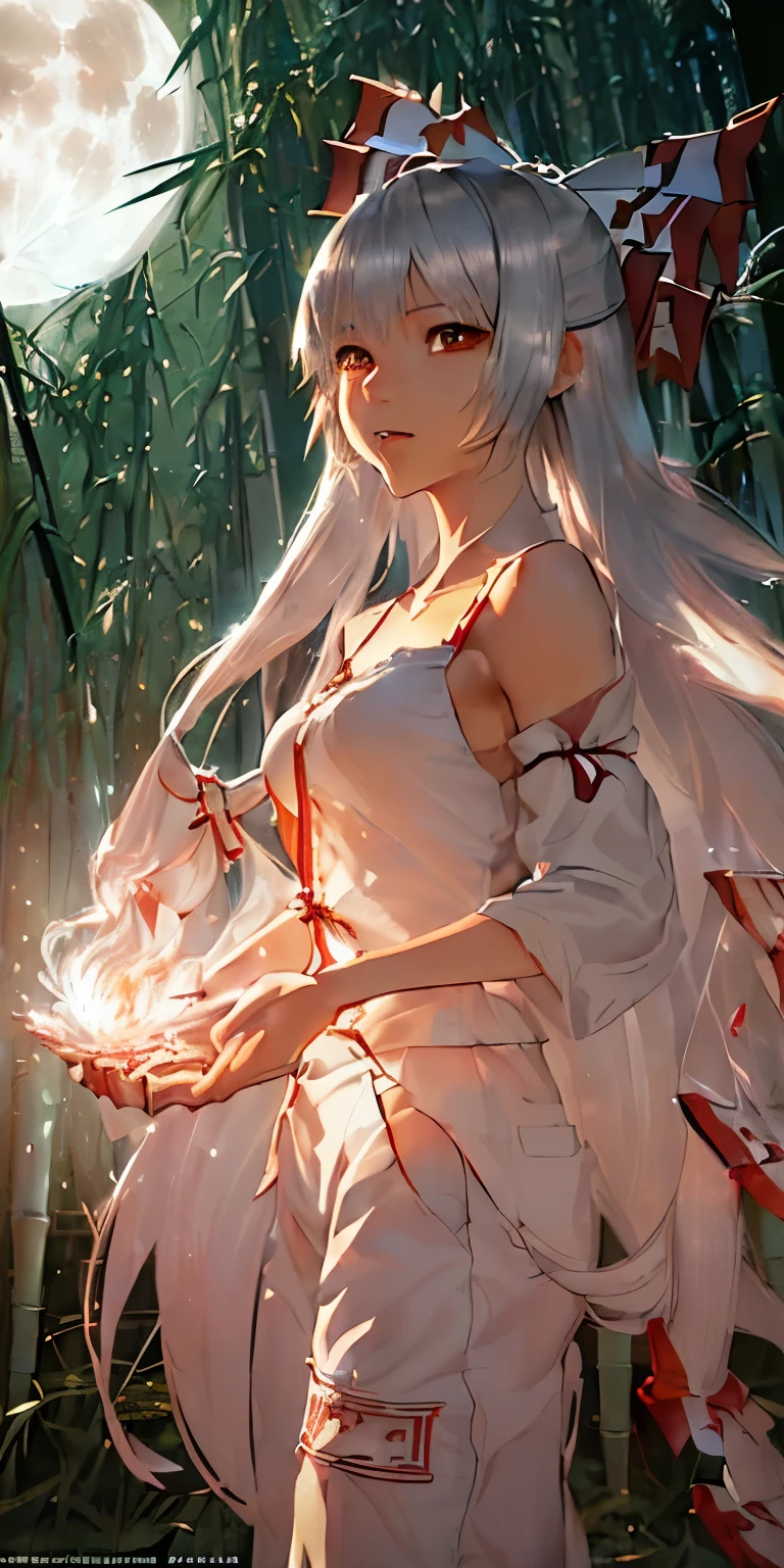 (masterpiece, best quality:1.3), (ultra detailed:1.3), (final fantasy artwork concept:1.5), (manga eyes + hair + clothes + body + face + colors + shoulders + eyes:1.3), (from below:1.3), Fujiwara no Mokou, Touhou Series, (anime, illustration:1.3), perfect face, expressive eyes, 1 girl, looking at viewer, 16 years old, beautiful, anime, lora, (silver hair, long hair, white shirt, red pants:1.3), (look evil:1.5), (fight stance:1.5), (cinematic lighting, realistic, dream-like, enchanting atmosphere:1.5), (an old japanese mansion with moonlight leaking, in bamboo forest, midnight, big full moon:1.3), (Mokou casting a spell, with hands glowing and ais-particlez emanating in a dazzling array of colors, enveloping the entire scene:1.5),