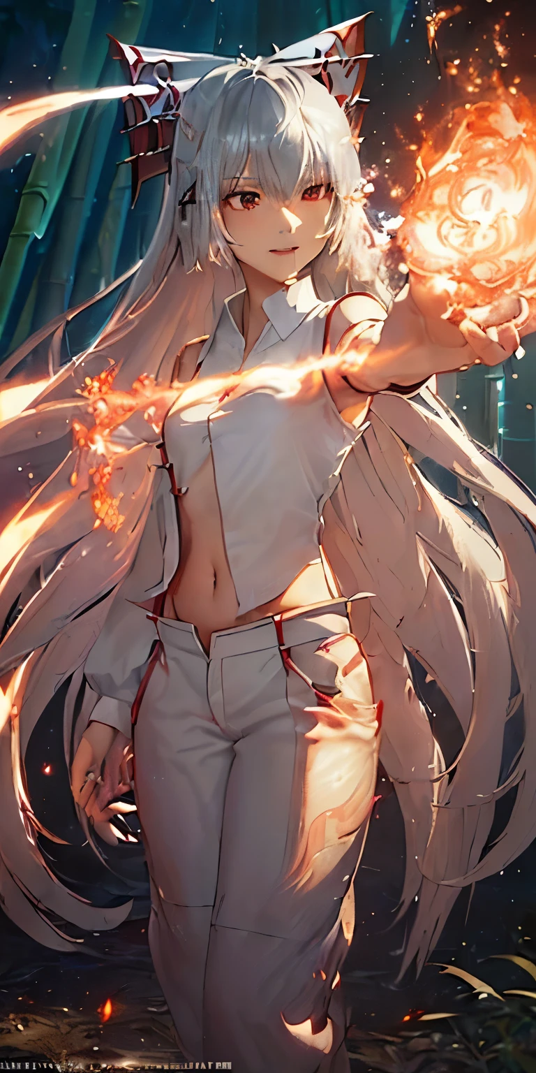 (masterpiece, best quality:1.3), (ultra detailed:1.3), (final fantasy artwork concept:1.5), (manga eyes + hair + clothes + body + face + colors + shoulders + eyes:1.3), (from below:1.3), Fujiwara no Mokou, Touhou Series, (anime, illustration:1.3), perfect face, expressive eyes, 1 girl, looking at viewer, ************, beautiful, anime, lora, (silver hair, long hair, white shirt, red pants:1.3), (look evil:1.5), (fight stance:1.5), (cinematic lighting, realistic, dream-like, enchanting atmosphere:1.5), (an old japanese mansion with moonlight leaking, in bamboo forest, midnight, big full moon:1.3), (Mokou casting a spell, with hands glowing and ais-particlez emanating in a dazzling array of colors, enveloping the entire scene:1.5),