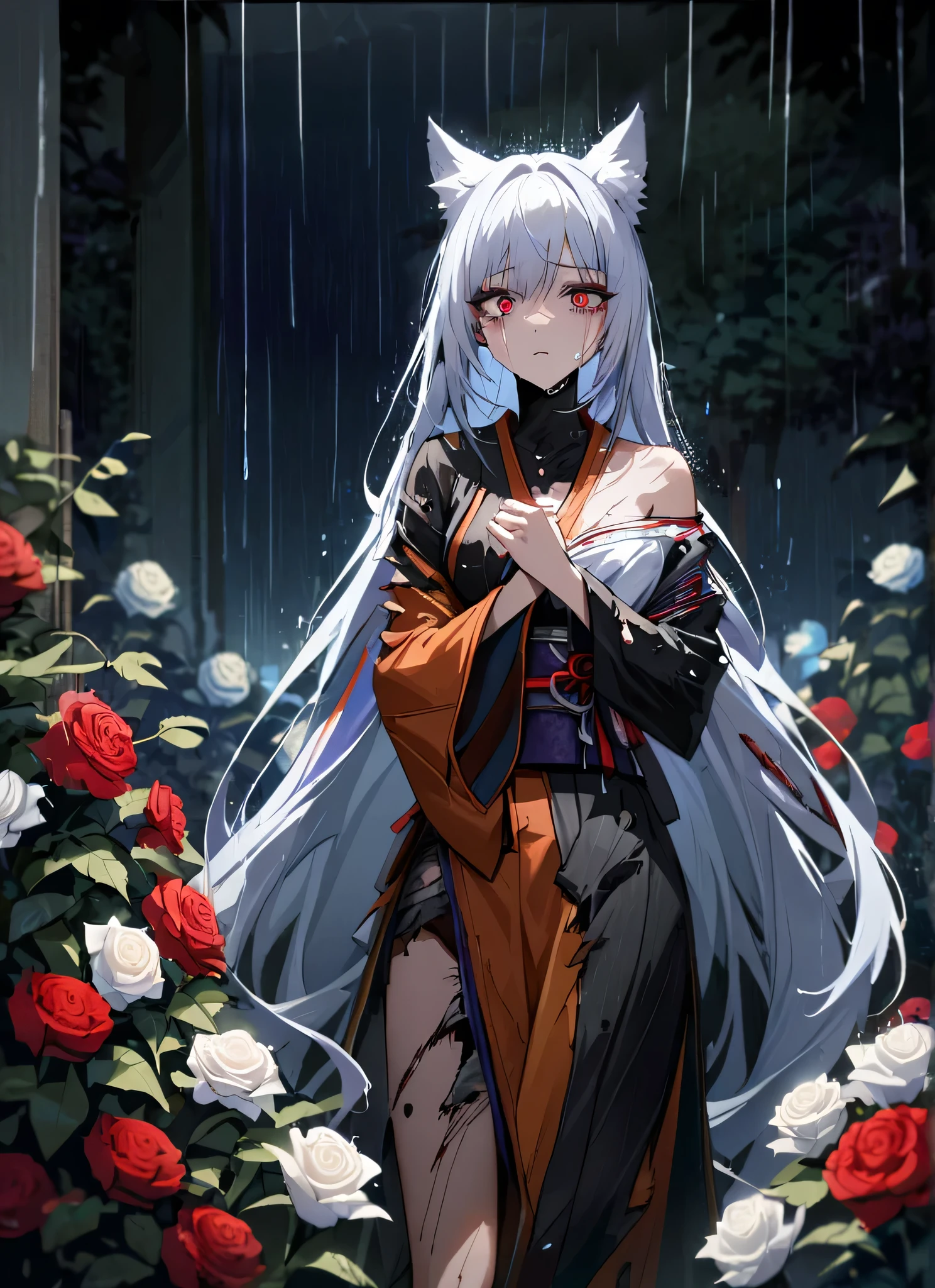 A gorgeous girl, wolf ears, wearing a damaged kimono samurai suit, a very ripped damaged kimono suit, missing parts of the suit, very ripped clothes, she's sad, tears, heartbroken, hurt, blood, dark garden, white roses, ultra detailed face, long eyelashes, sharp eyes, perfect make up, white ultra long hair, fullbody shot, garden, night, rain, dramatic scenario, cowboy shot, dramatic pose, dramatic scene
