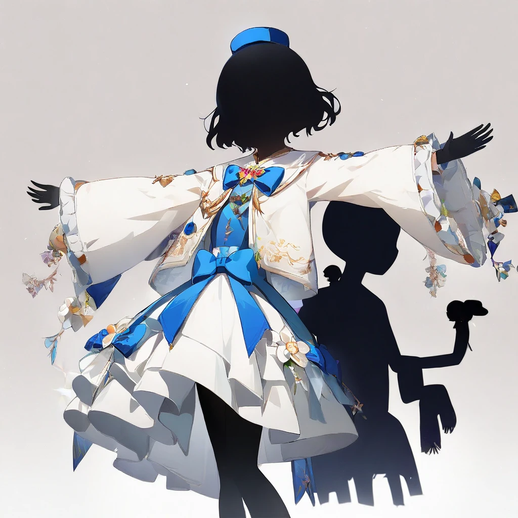 (One Girl:2), (((Silhouette style:2))),((Pure white background))blonde, White Background, have, dress, Blue footwear, wing, Simple Background, flower, Wide sleeves, Long sleeve, , white flower, whole body, bird, High heels,Raise your arms, Frills, bangs, ribbon, Bell, Blue hat, shoes下, short hair, Grey Eyes, shoes, feathered wing, Blue Bow、(highest quality、masterpiece、High resolution、detailed)、Anime Style、Flat Style