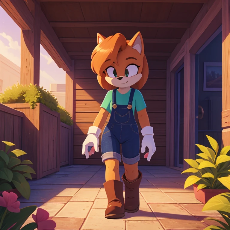 Mobian, 1girl, female, mobian cat, feline, solo, alone, shirt, overalls, four fingered glove, brown boots, small hands, fit, noon, sunny, cartoon style, detailed background, garden, masterpiece, high quality, studio quality, intricate details, 4k, best quality, ultra-detailed, cinematic lighting, beautiful lighting, hi res, detailed, detailed background, vibrant lighting