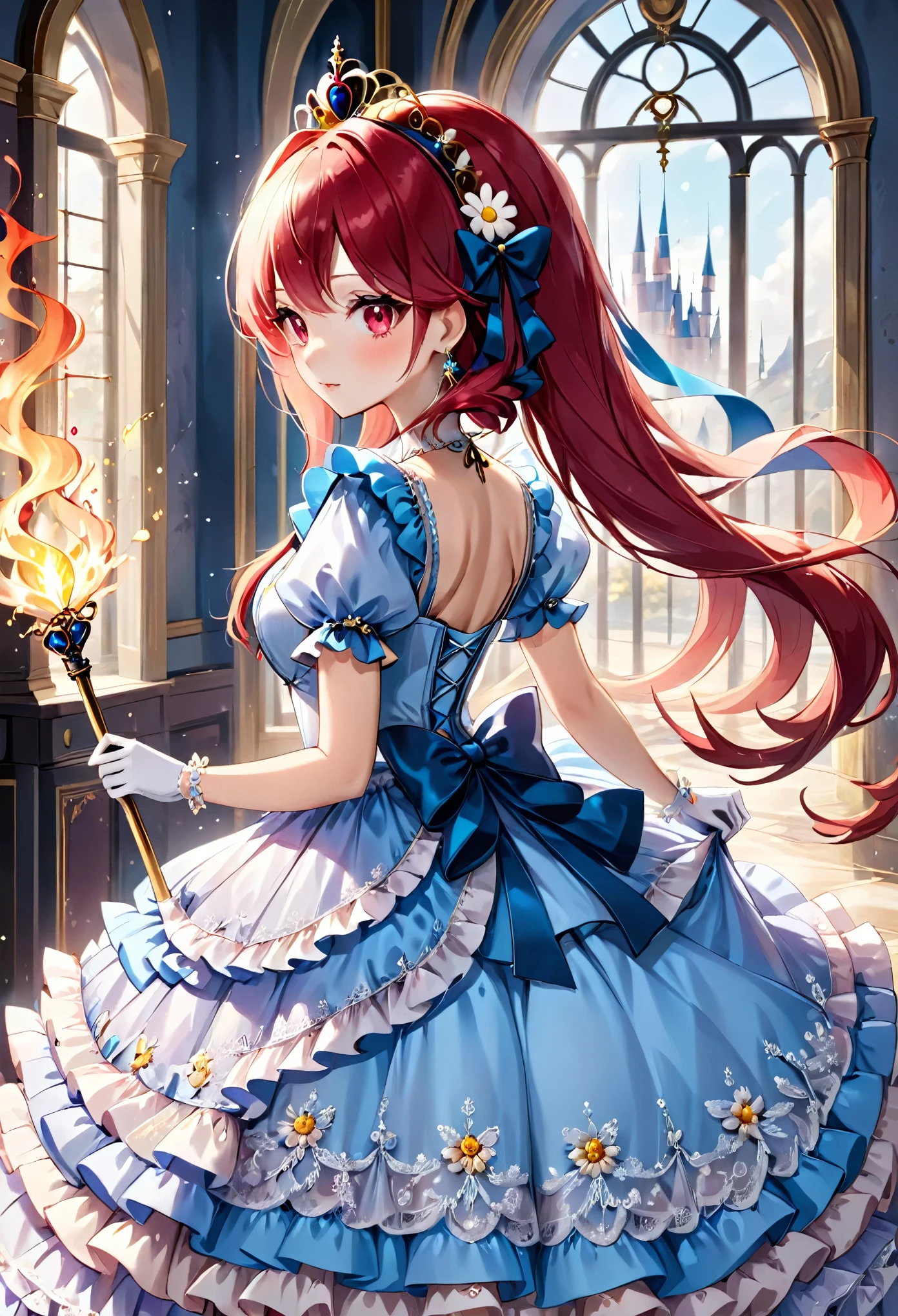 (best quality,4k,8k,highres,masterpiece:1.2),ultra-detailed, Pretty 15 years old princess, drawn in anime style, is cute and happy, long red twin tail hair, pink eyes, small breast, makeup and lipstick, steampunk, red and white ball gown with puffy sleeves, physically-based rendering,gorgeous princess dress design,flowing gown,elaborate lace details,rich textures,contrast stitching,delicate ribbon bows,floral accents, daisy flowers embroidery, full skirt,short sleeves,fitted waistline,flared cuffs,lace-up back,luxurious fabrics,flawless silhouette, petticoat, bloomers, bustle, corset, hair ribbons, white elbow gloves, ruby earrings and necklace, gold tiara, high heels, wielding a fire magic wand, standing in castle bedroom, highly detailed, 4K.