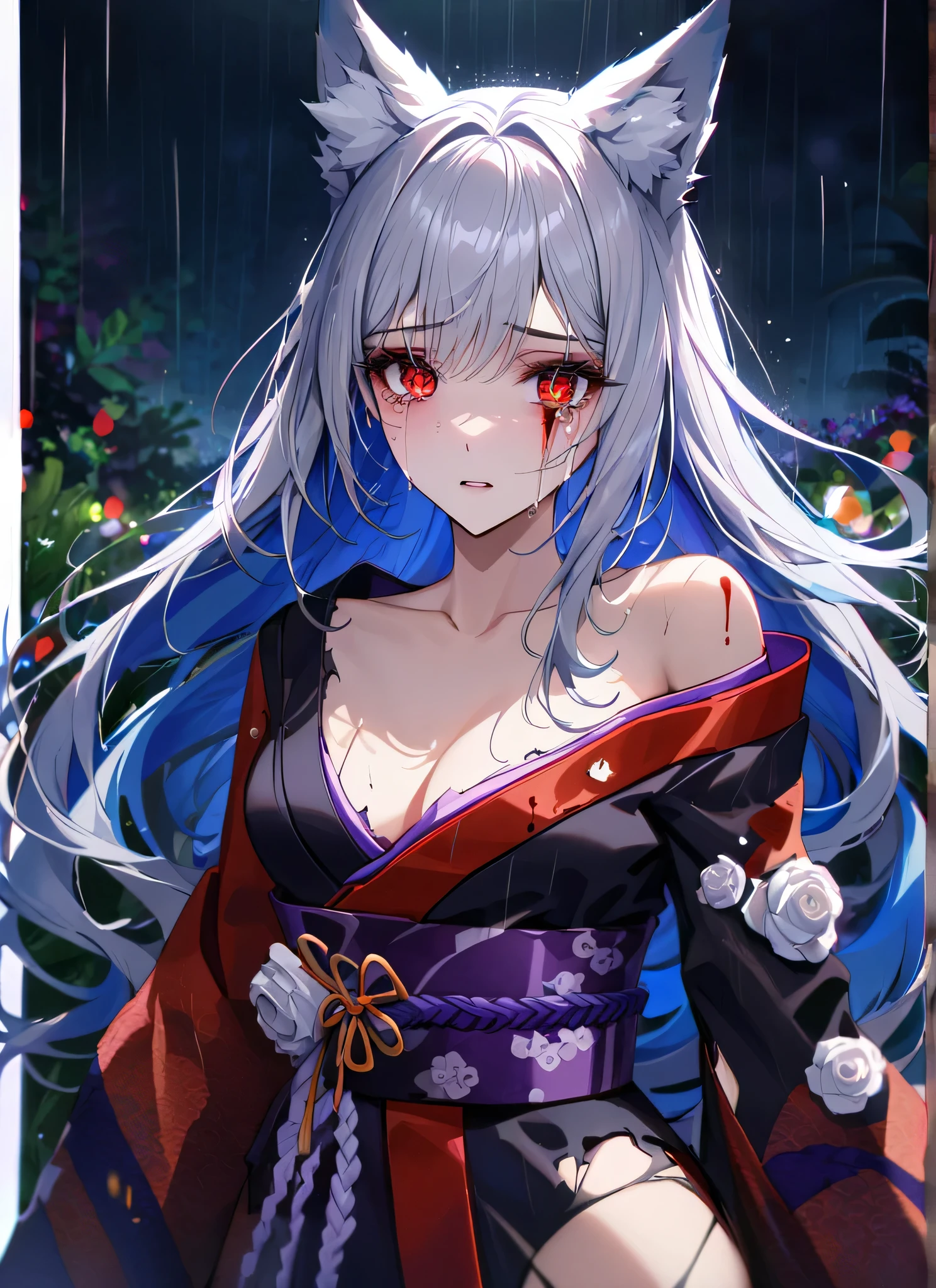 detail description,professional,vivid colors,bokeh,portraits
A gorgeous girl, wolf ears, wearing a damaged kimono samurai suit, a very ripped damaged kimono suit, missing parts of the suit, very ripped clothes, she's sad, tears, heartbroken, hurt, blood, dark garden, white roses, ultra detailed face, long eyelashes, sharp eyes, perfect make up, white ultra long hair, fullbody shot, garden, night, rain, dramatic scenario, cowboy shot.