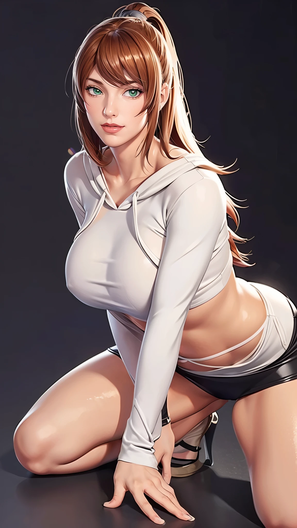 （（（完美figure，figure，solo， White and tender skin，（（（hoodie，wearing a hoodie））），（（（mei_terumi,long hair, brown hair, green eyes, hair over one eye, Red brown crossed long curly hair, right eye covered by hair, pink lips））），((masterpiece)),high resolution, ((Best quality at best))，masterpiece，quality，Best quality，（（（ Exquisite facial features，Looking at the audience,There is light in the eyes，(（（Smile，confidence)））)，））），型figure:1.7））），（（（Light and shadow，Huge breasts））），（（（Looking at the camera，black background，）））