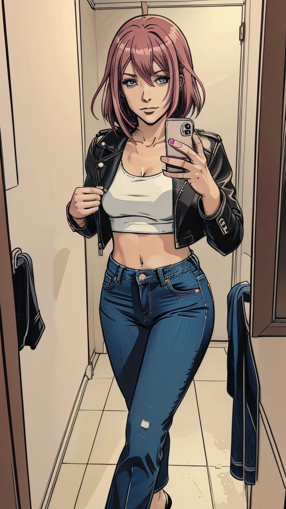 vector image, 2d cartoon,masterpiece, An anime woman, blush,colored hair, provocative makeup,tight bootcut jeans, heels, sexy pose:1.1, leather dark jacket, crop-top, taking shameful selfie:1.3, in restroom,