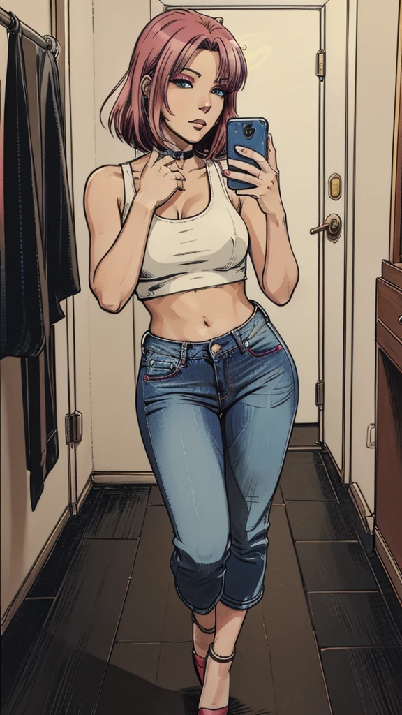 vector image, 2d cartoon,masterpiece, An anime woman, blush,colored hair, provocative makeup,tight bootcut jeans, heels, sexy pose:1.1, leather dark jacket, crop-top, taking shameful selfie:1.3, in restroom,