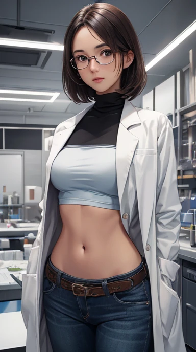 In scp facility, Girl in Laboratory, Turtle-neck, lab coat, showing navel, belt, Exposing the abdomen below the navel, well-dressed, glasses, blue jean, laboratory
