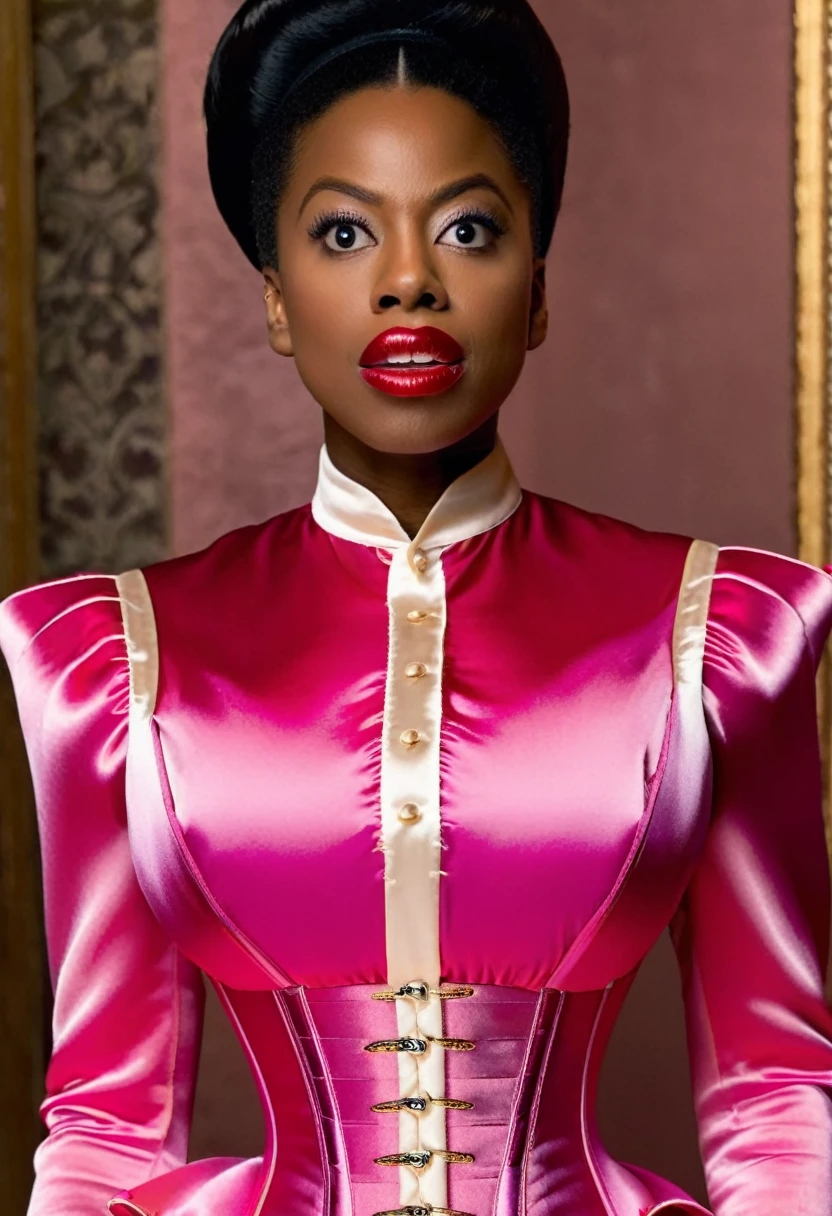 closeup shot, (surprised and amazed evil sasheer zamata pouts her lips:1.4) in a (closed satin skintight silk buttoned mandarin collar blouse with large shoulder-pads and extremely tight corset and belt and satin cape:1.6), tight hairbun, silk gloves, small waist, wide hips and torso, (insane wide eye stare:1.2), (muscular arms), ((flared nostrils + nostrils dilate + nostrils enlarge + nostrils expand)), large shoulder-pads, extremely cinched small waist,
