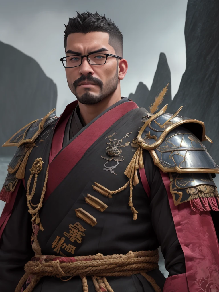 (40 years old daddy:1.1), 1boy, Solo, round face, short hair, brown eyes, beefy body, (big shoulders), big pecs, big pectorals, stubbles, Short beard, Beautiful eyes:1.3, (Detailed face:1.3), wearing glasses, Dynamic Angle, volumetric lighting, (Best quality, A high resolution, Photorealistic), Cinematic lighting, Masterpiece, RAW photo, stock photo, Intricate details, hdr, depth of field, (Absurdres, Intricate Details, Masterpiece, Best Quality, High Resolution, 8k), (1man), (male:1.2), old, aged up, exquisite face, angular jawline, finely detailed eyes and face, thin body, kind and gentle demeanor, mocha skin, finely detail eyes and face, blue black high fade hair, jade eyes, Dali mustache, thirsty, solo, (full body:0.6), detailed background, detailed face, (SamuraiPunkAI theme:1.1), Rosy Pink winter warrior, stoic expression, guardian, dynamic pose, heavy armor, floating ice shards, arctic winter, stormy background, rock formations in background epic atmosphere,, exhaustive, Depth of Field, VFX.