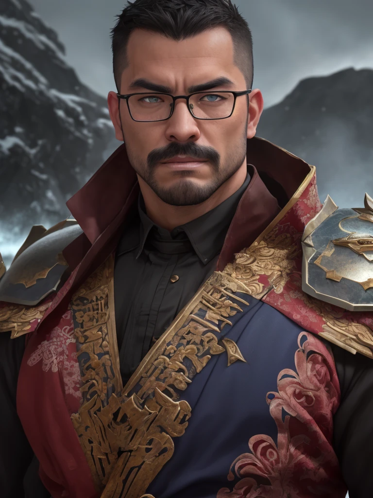 (40 years old daddy:1.1), 1boy, Solo, round face, short hair, brown eyes, beefy body, (big shoulders), big pecs, big pectorals, stubbles, Short beard, Beautiful eyes:1.3, (Detailed face:1.3), wearing glasses, Dynamic Angle, volumetric lighting, (Best quality, A high resolution, Photorealistic), Cinematic lighting, Masterpiece, RAW photo, stock photo, Intricate details, hdr, depth of field, (Absurdres, Intricate Details, Masterpiece, Best Quality, High Resolution, 8k), (1man), (male:1.2), old, aged up, exquisite face, angular jawline, finely detailed eyes and face, thin body, kind and gentle demeanor, mocha skin, finely detail eyes and face, blue black high fade hair, jade eyes, Dali mustache, thirsty,  solo, (full body:0.6), detailed background, detailed face, (SamuraiPunkAI theme:1.1), Rosy Pink winter warrior,  stoic expression, guardian, dynamic pose, heavy armor,   floating ice shards,  arctic winter, stormy background, rock formations in background  epic atmosphere,, exhaustive, Depth of Field, VFX.