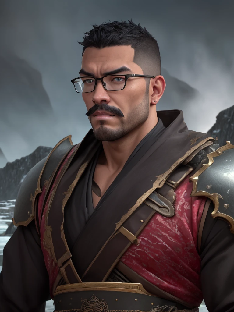 (40 years old daddy:1.1), 1boy, Solo, round face, short hair, brown eyes, beefy body, (big shoulders), big pecs, big pectorals, stubbles, Short beard, Beautiful eyes:1.3, (Detailed face:1.3), wearing glasses, Dynamic Angle, volumetric lighting, (Best quality, A high resolution, Photorealistic), Cinematic lighting, Masterpiece, RAW photo, stock photo, Intricate details, hdr, depth of field, (Absurdres, Intricate Details, Masterpiece, Best Quality, High Resolution, 8k), (1man), (male:1.2), old, aged up, exquisite face, angular jawline, finely detailed eyes and face, thin body, kind and gentle demeanor, mocha skin, finely detail eyes and face, blue black high fade hair, jade eyes, Dali mustache, thirsty, solo, (full body:0.6), detailed background, detailed face, (SamuraiPunkAI theme:1.1), Rosy Pink winter warrior, stoic expression, guardian, dynamic pose, heavy armor, floating ice shards, arctic winter, stormy background, rock formations in background epic atmosphere,, exhaustive, Depth of Field, VFX.
