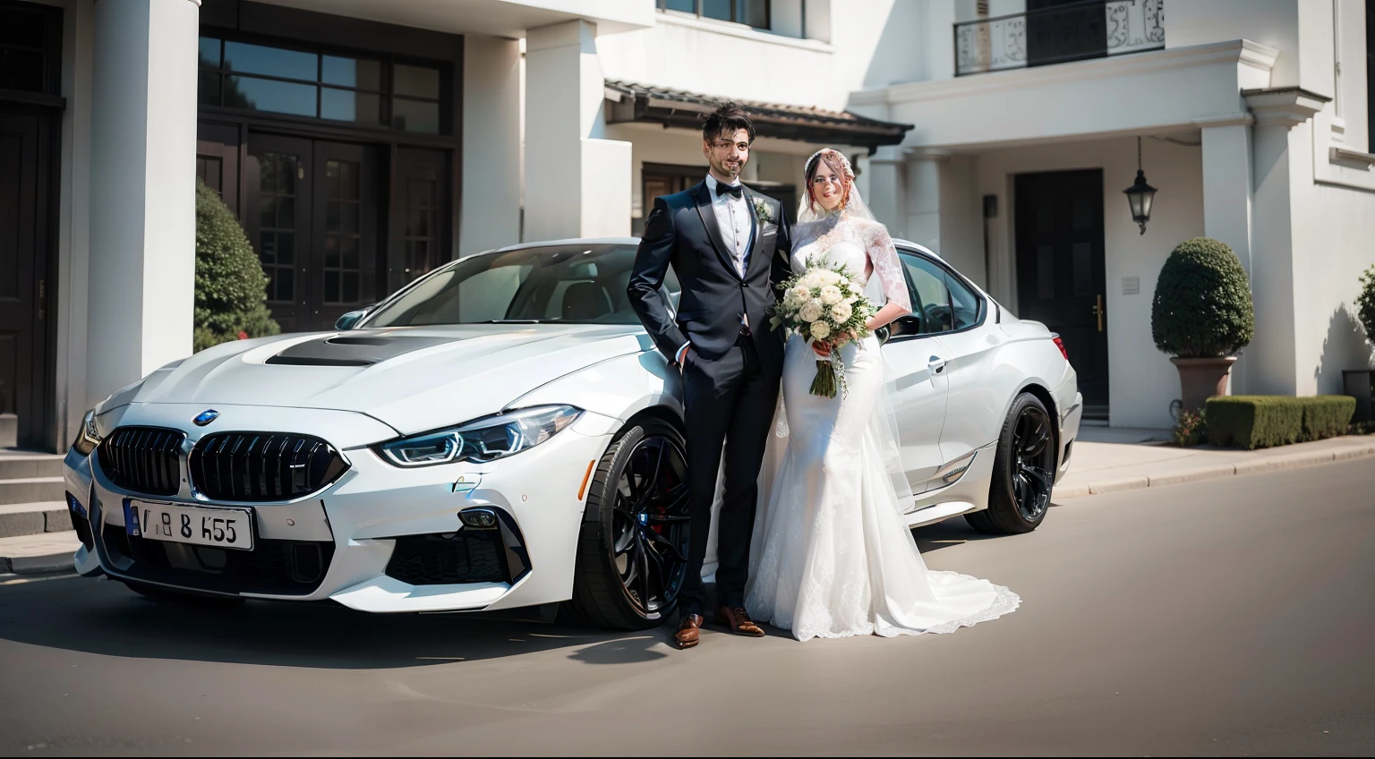A handsome groom and beautiful bride smiling.Eyes look into the camera.maintain eye contact.Standing side by side next to a white BMW840I car.