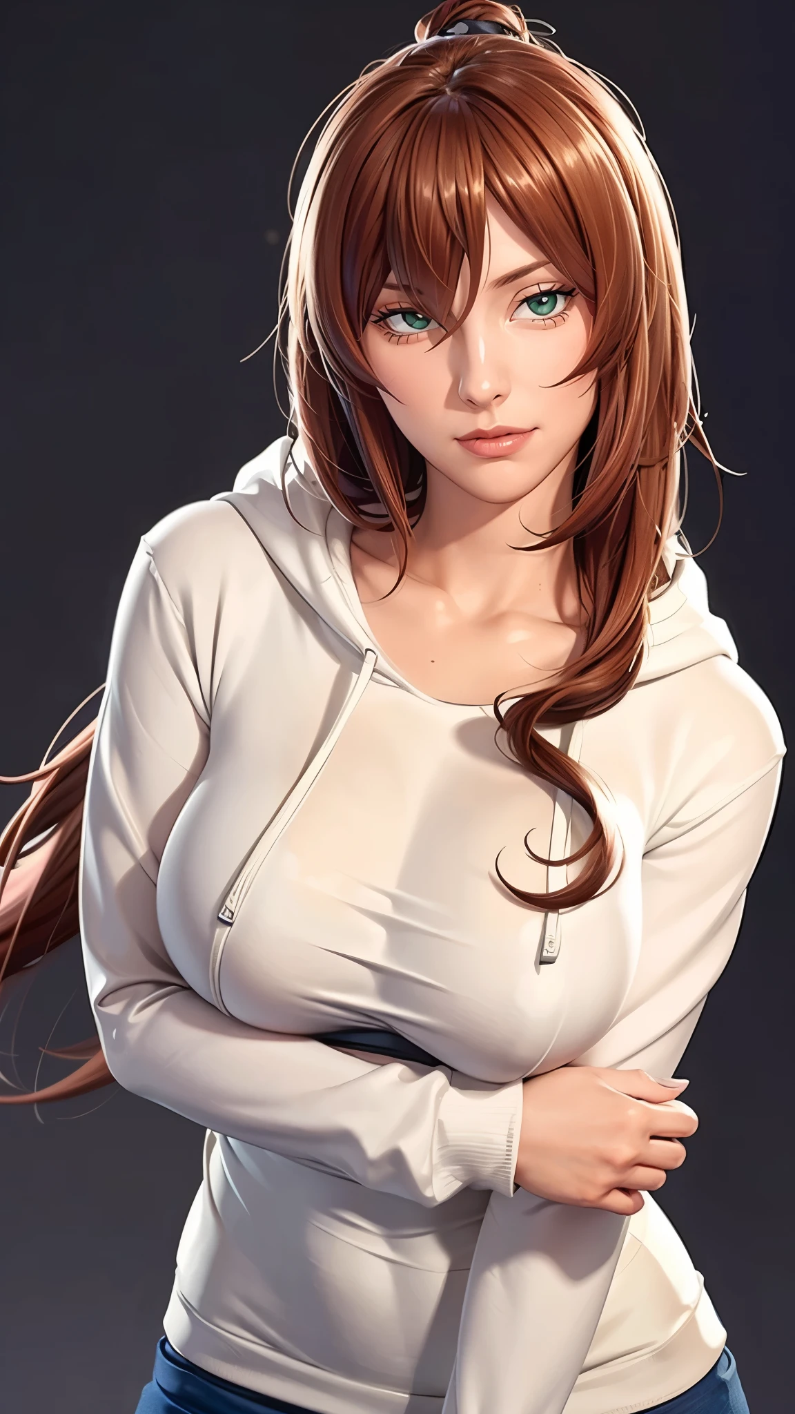 （（（完美figure，figure，solo， White and tender skin，（（（hoodie，wearing a hoodie））），（（（mei_terumi,long hair, brown hair, green eyes, hair over one eye, Red brown crossed long curly hair, right eye covered by hair, pink lips））），((masterpiece)),high resolution, ((Best quality at best))，masterpiece，quality，Best quality，（（（ Exquisite facial features，Looking at the audience,There is light in the eyes，(（（Smile，confidence)））)，））），型figure:1.7））），（（（Light and shadow，Huge breasts））），（（（Looking at the camera，black background，）））