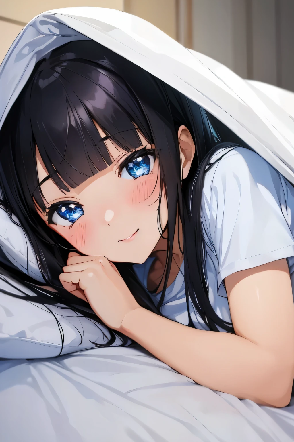 Masterpiece、highest quality、1 female、Super detailed　Black Hair、Blunt Bangs　Blue Eyes、Sparkling Eyes　Smiling、blush　T-Shirts　Face is close、Facial Close-up、Bring your face closer、Sheetsに寝転がる、Lying on your side　Sheets