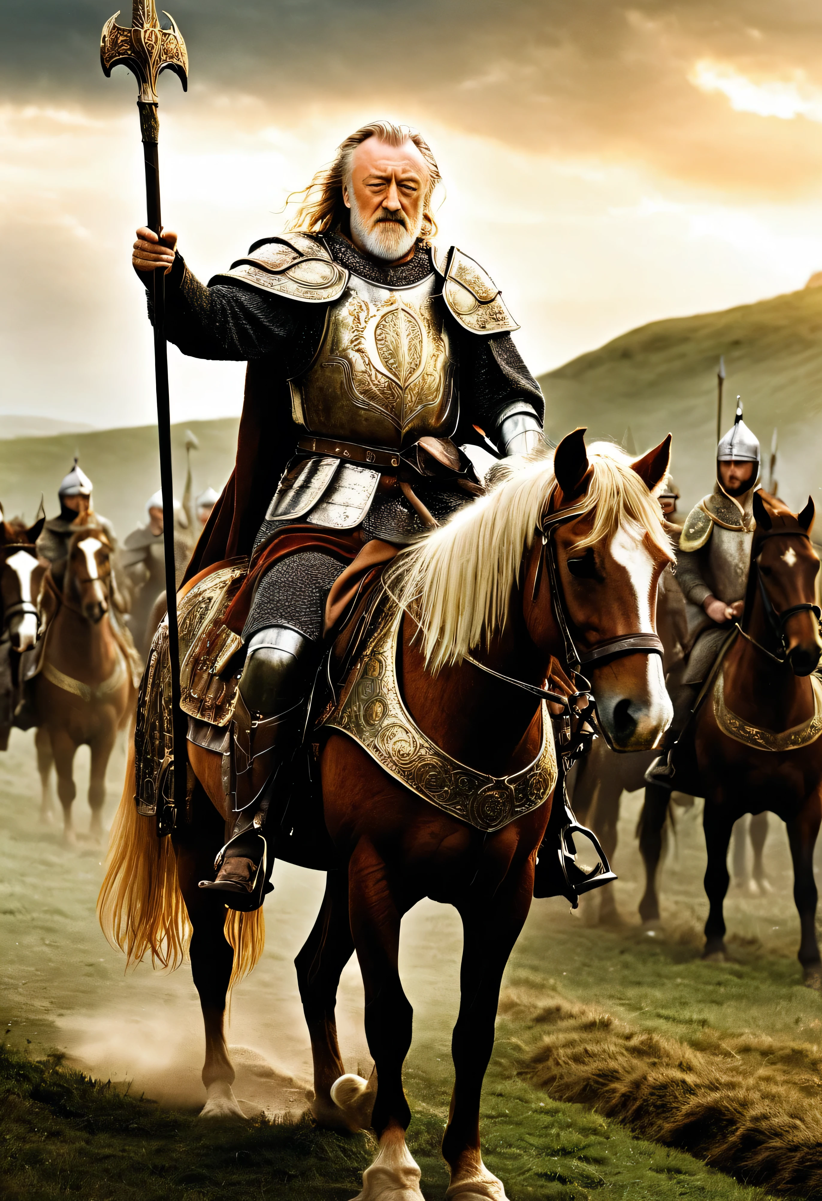 King Theoden of Rohan, portrayed by Bernard Hill in his majestic armor, is seen riding on a horse from the earth to Heaven. All Main Charactor in the Movie waving hand to say Farewell to him,Knights and ladies stand in attendance. The scene draws inspiration from the movie ‘The Lord of the Rings: The Return of the King’ and features professional-level lighting and grandeur