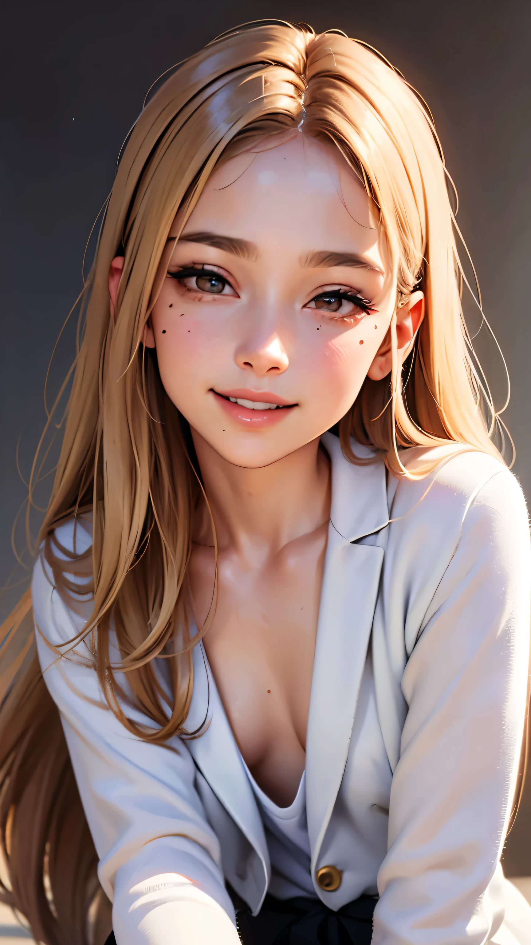 masterpiece, highest quality,Face-to-face audience, Upper body,Middle-aged women,Greek Goddess Attitude, Melon seed face, ((Long, narrow eyes)), Mole under the eye,Brown eyeball, Thin lips, Anorexia,blonde, Very long hair, Laugh with your mouth closed,40 year old mature woman, self-portrait, Simple Background,Thin legs,Close your eyes and smile,The happi coat is open