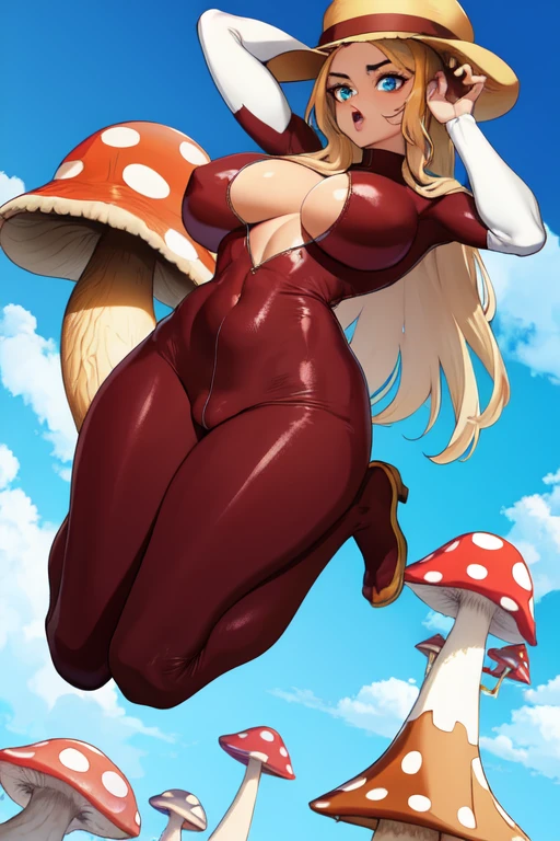 woman in seamless skin tight skin colored body suit jumping over an oversized fantasy mushroom, one piece body suit without seams