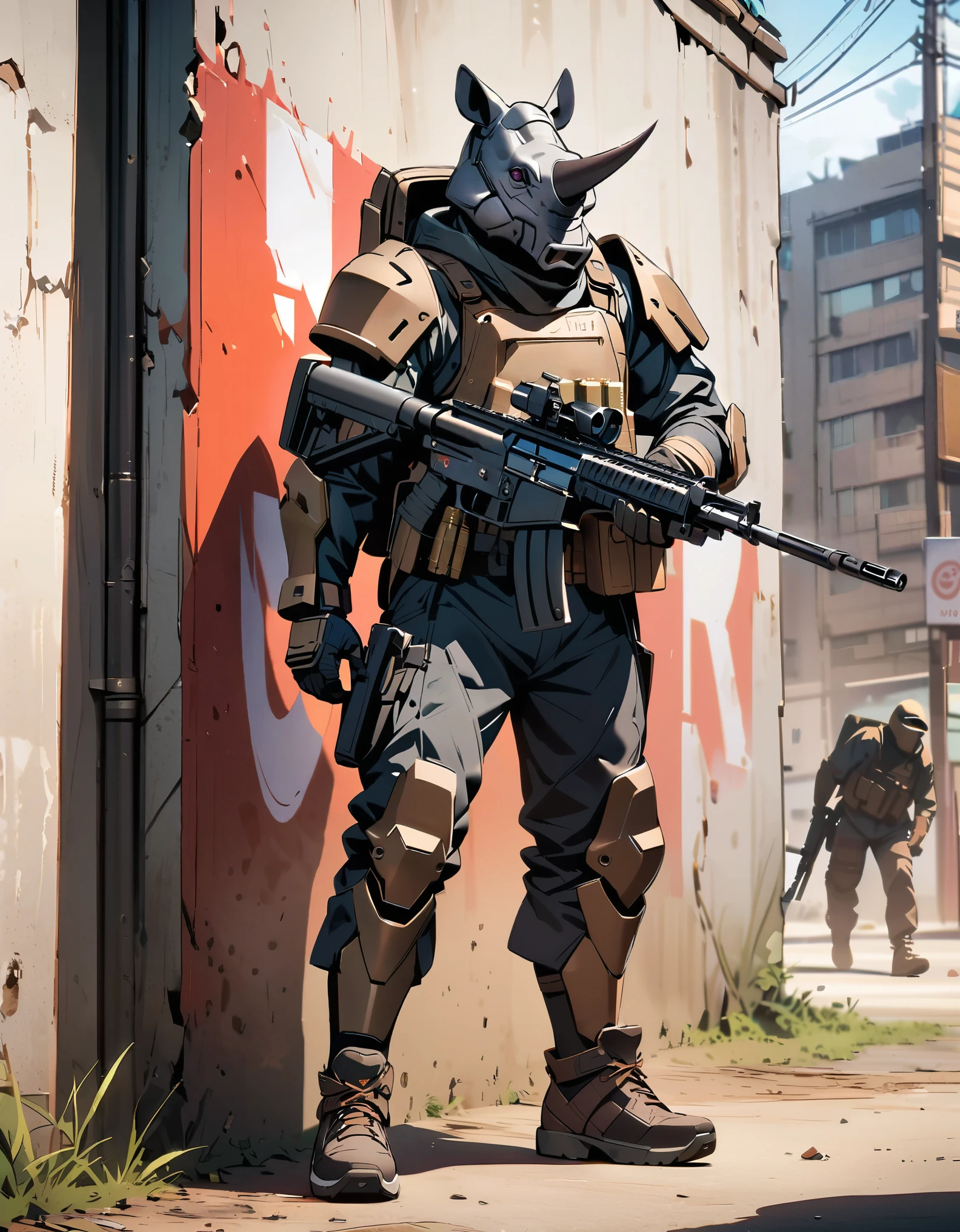 masterpiece, best quality, solo, solo focus, single, humanoid, rhinoceros, rhino's head, armored suit, ammunition belt, holding a m249 machine gun, holding a gun, standing, smug, combat boots, bank backdrop, bank robber, mutant