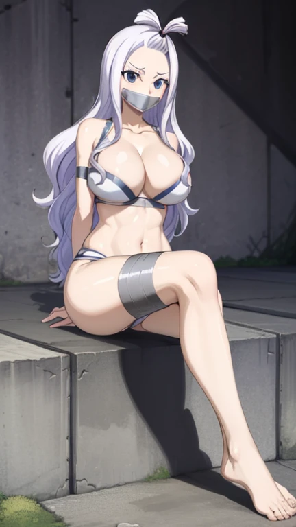 Mirajane, natural lighting, masterpiece, highly detailed, illustration, game CG, absurdres, high quality, aichan, large breasts, beautiful detailed eyes, short, (tape gag), (tape bound), (arms bound), (legs bound:1.2), eyes wide, shocked, surprised, collarbone, sitting, (knees bent), mirajane has a huge ass, Mirajane is in bikini, mirajane has huge tits